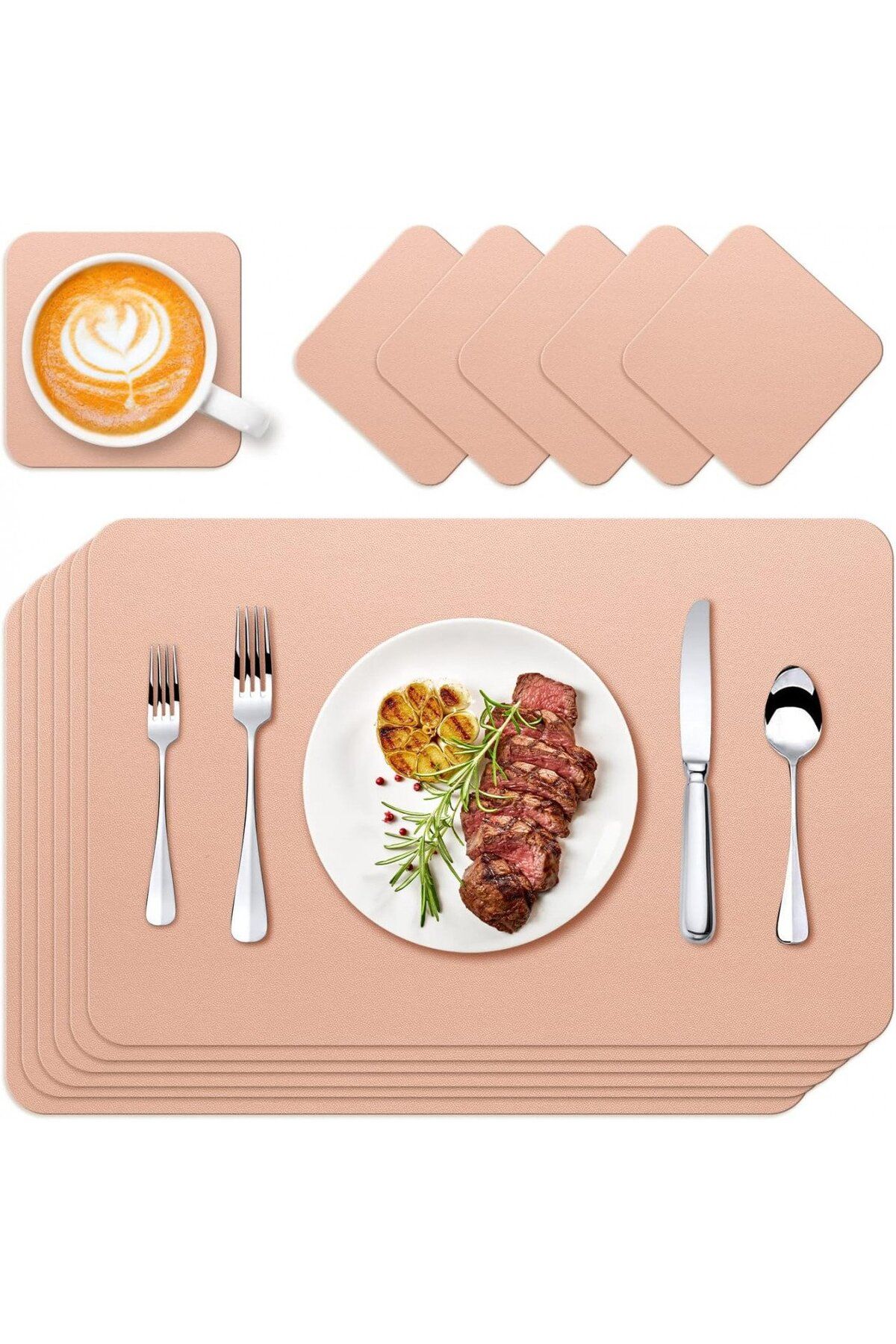 Hinor Set De 6 Suporturi De Masă Pentru Tacâmuri/farfurii Și 6 Suporturi De Masă Pentru Pahare, Piele Sintetică, Roz - 40 x 32