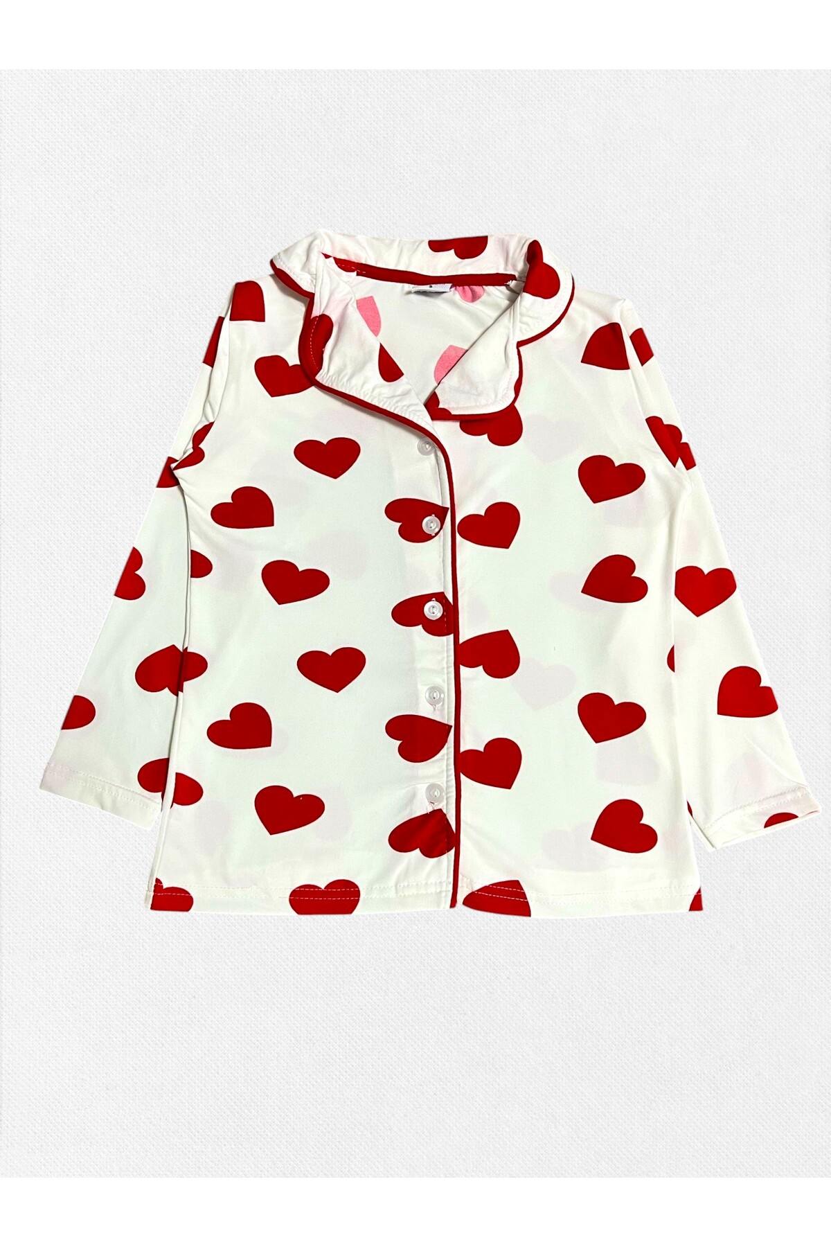 Fil Kids Kız Çocuk %100 Pamuklu Beyaz Kalp Desenli Gömlek Yaka Düğmeli Uzun Kollu Mevsimlik Pijama Takımı fotoğrafı 4 (önizleme)