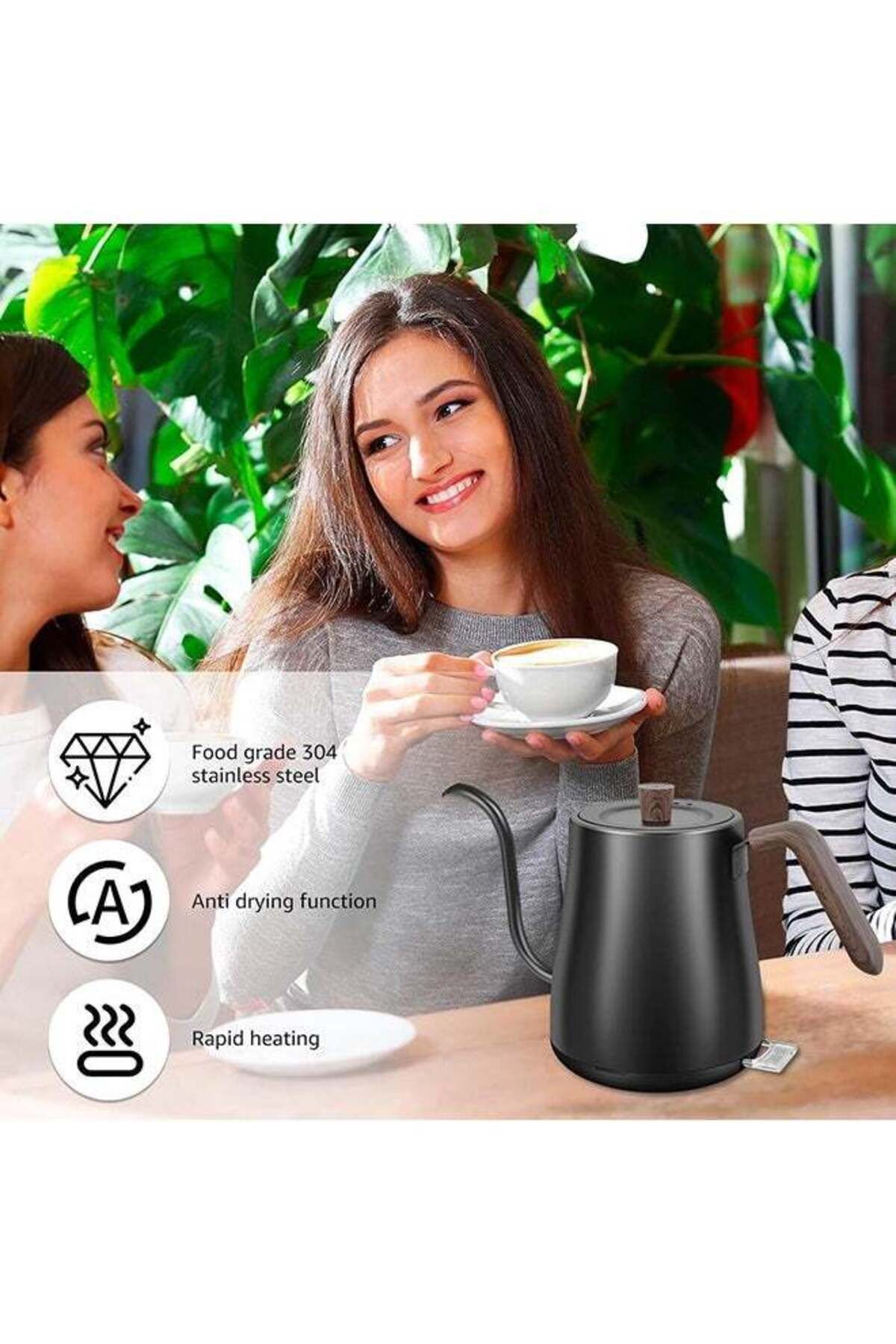 COOYA-غلاية كهربائية، مقابض مقاومة للحروق، 0.8 لتر من الفولاذ المقاوم للصدأ لتحضير القهوة والشاي، 1000 وات، لون أسود من الخشب 7