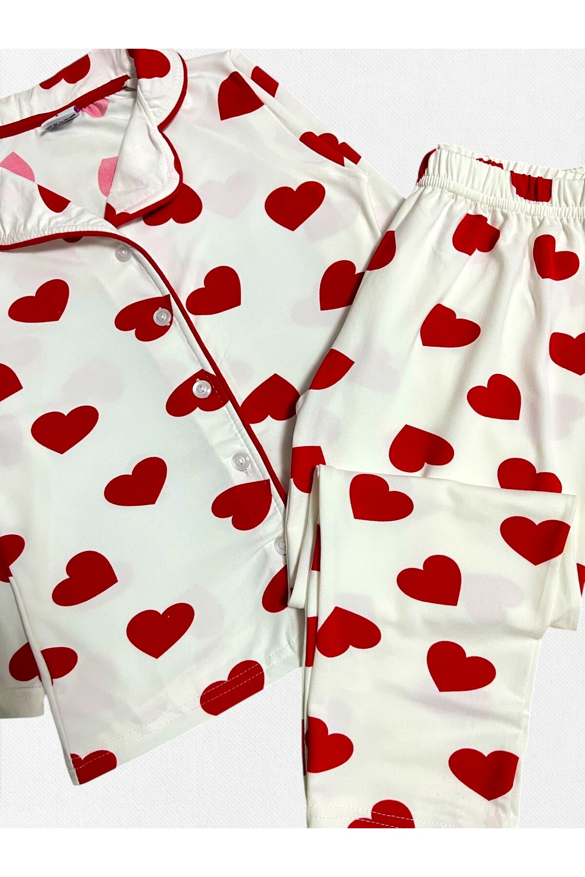 Fil Kids Kız Çocuk %100 Pamuklu Beyaz Kalp Desenli Gömlek Yaka Düğmeli Uzun Kollu Mevsimlik Pijama Takımı fotoğrafı 2 (önizleme)