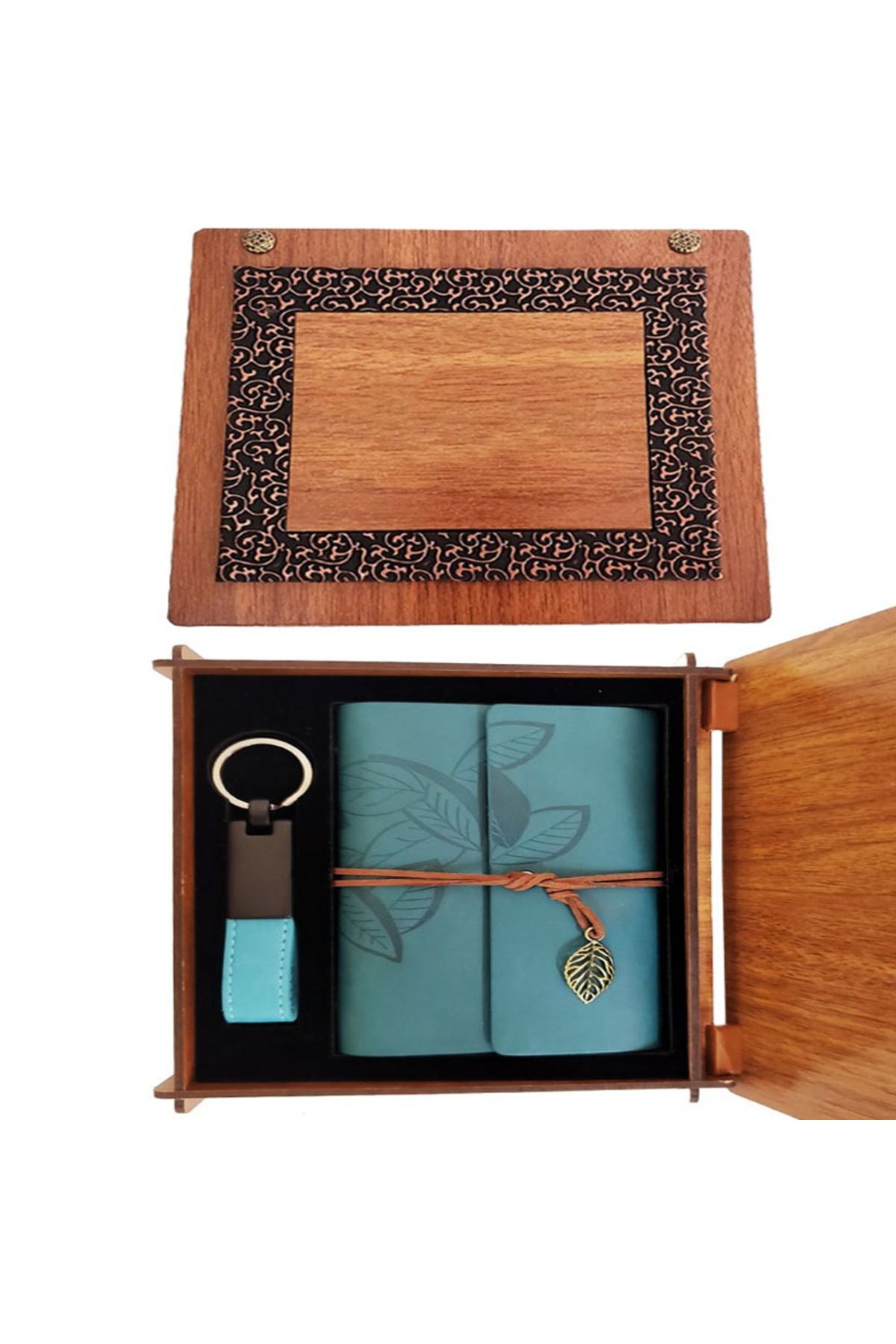 SAVA HOME COLLECTİON Ahşap Kutulu Mavi Deri Defter ve Anahtarlık Set