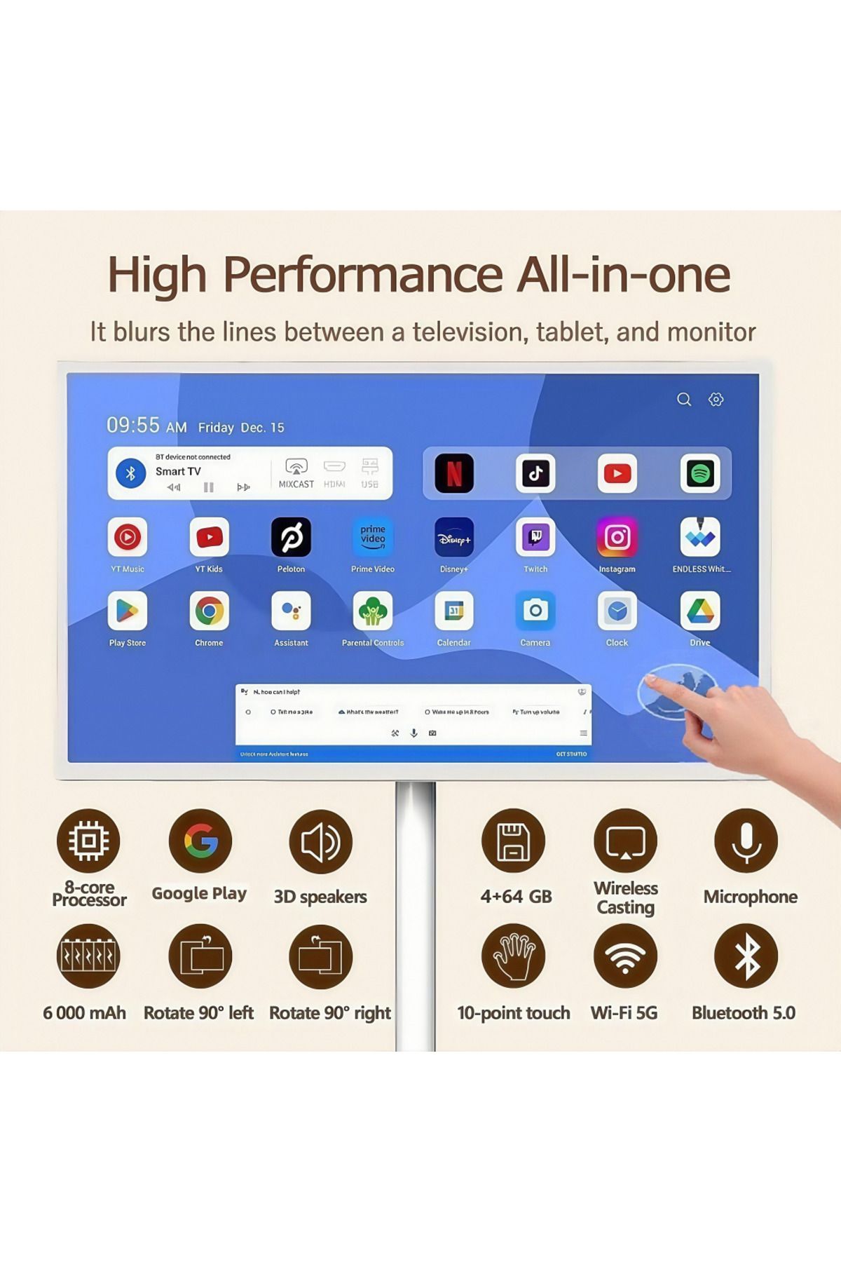 FlashHawk-شاشة تلفزيون ذكية محمولة مقاس 21.5 بوصة - شاشة عرض LCD تعمل باللمس مع حامل قابل للتعديل 8