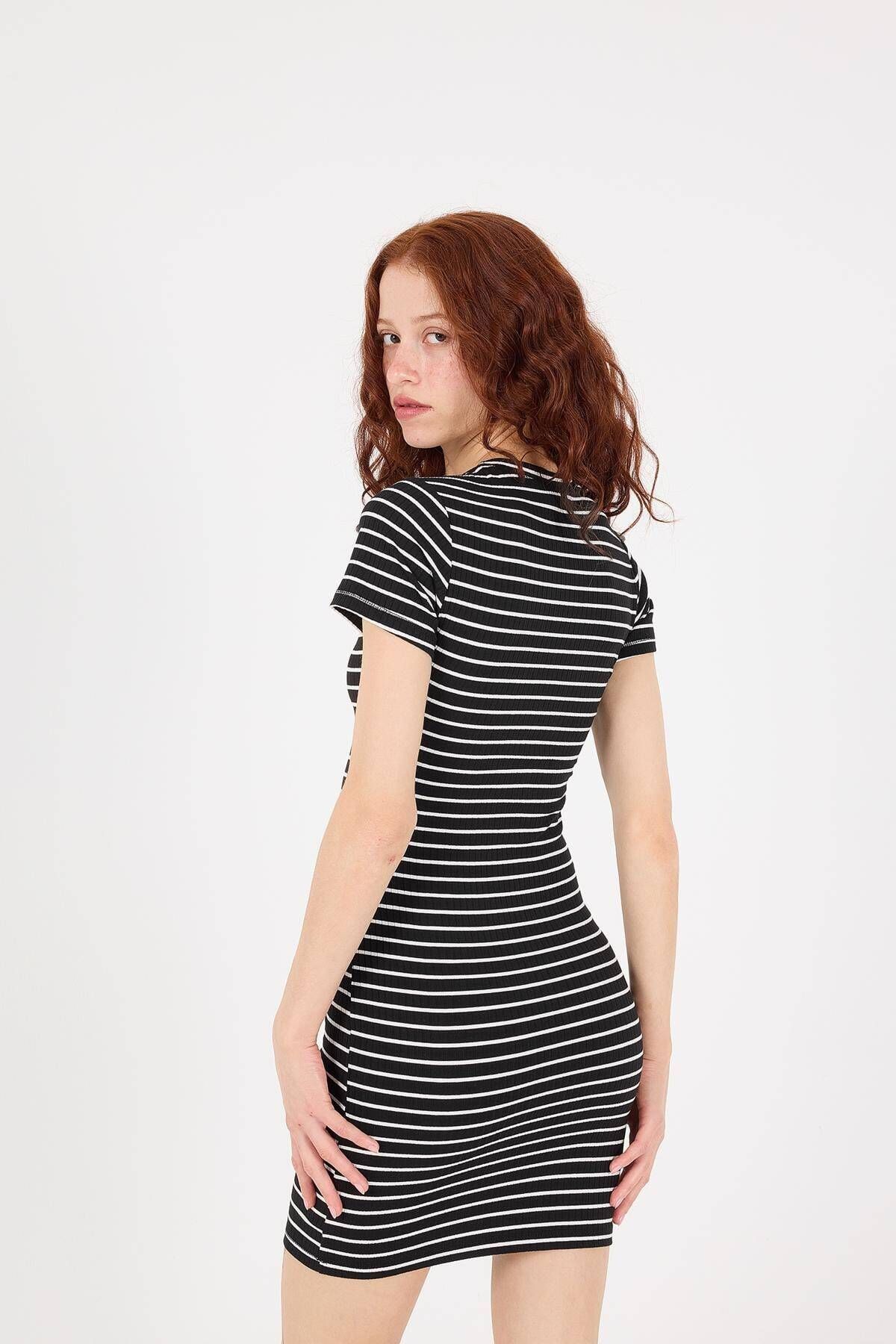 Addax-Striped Short Sleeve Crew Neck Mini Dress - E15790-W2 5