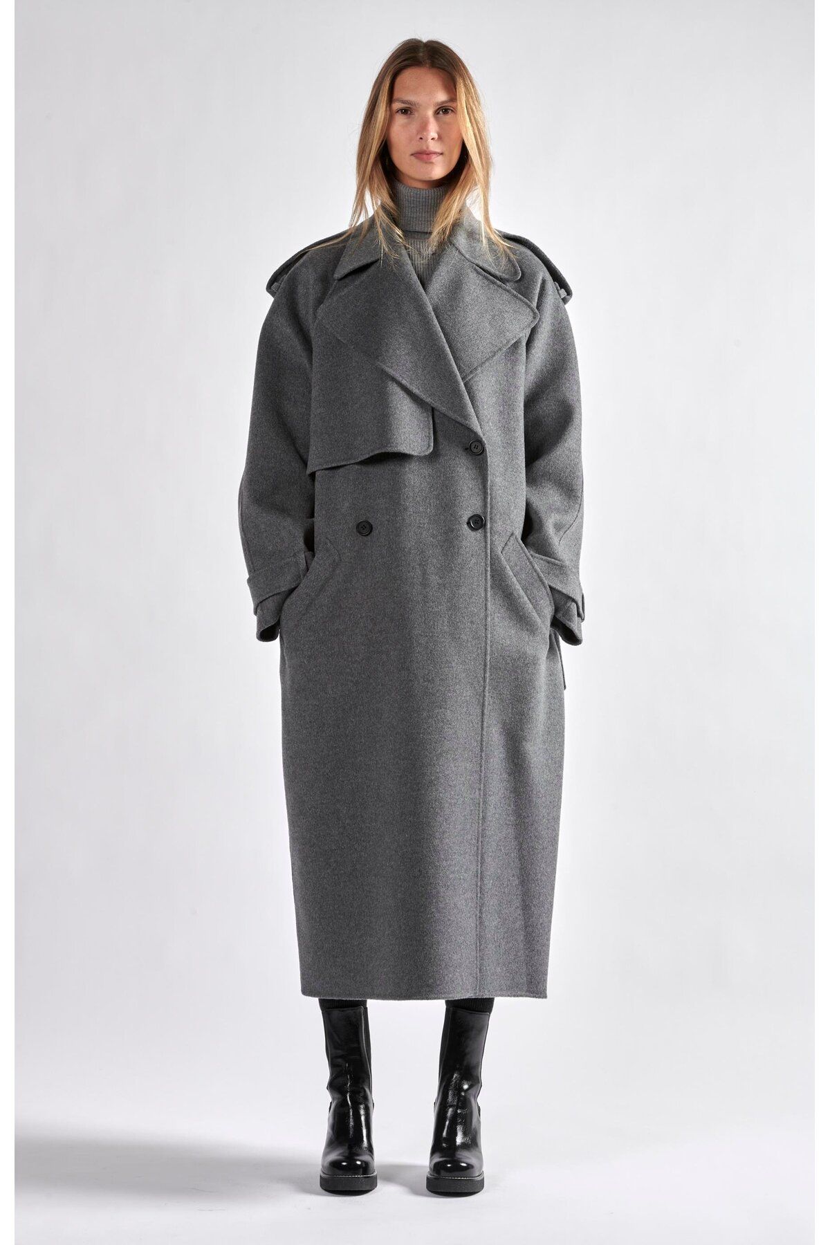 Barbara Bui-Oversize Long Length Woolen Coat with Epaulettes and Belt 1