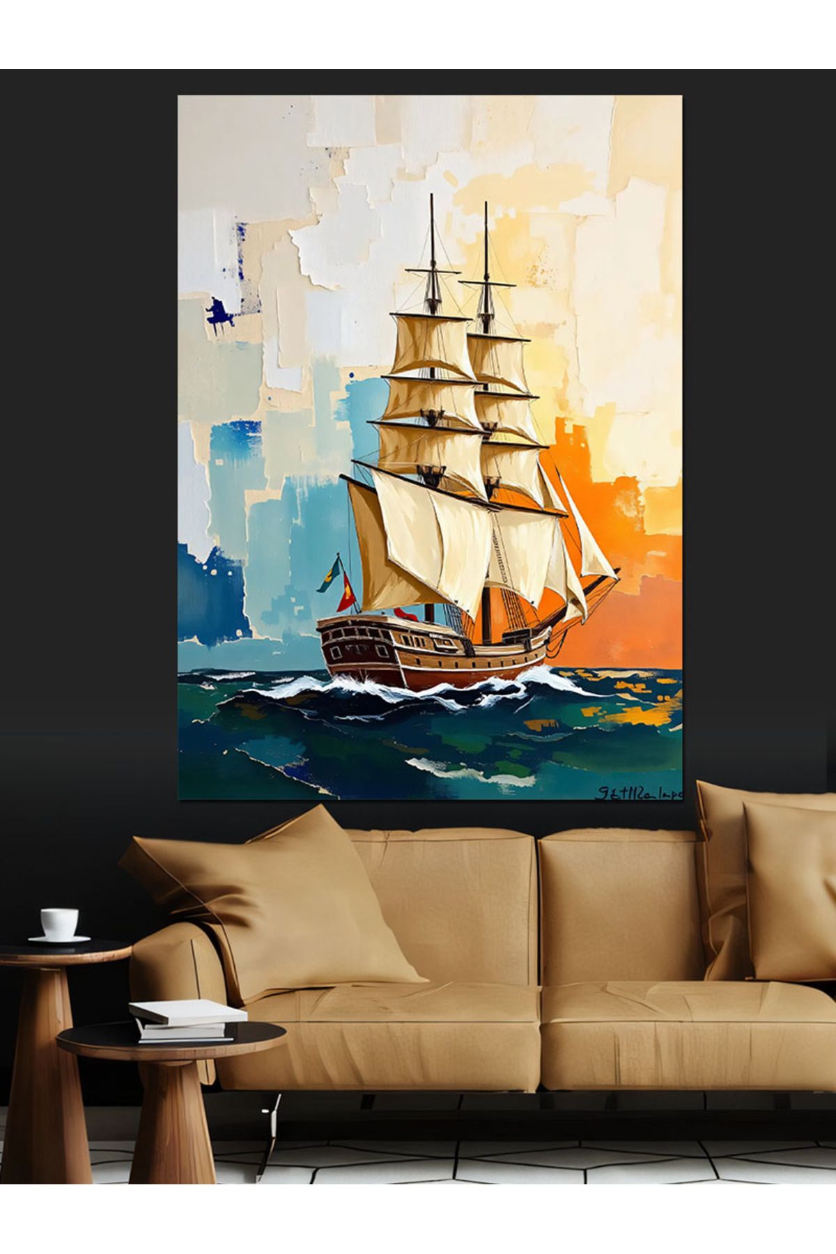karizmart Pânză Decorativă Marină Colorată Cu Barca Cu Pânze - Lemn Mdf - 18 x 27