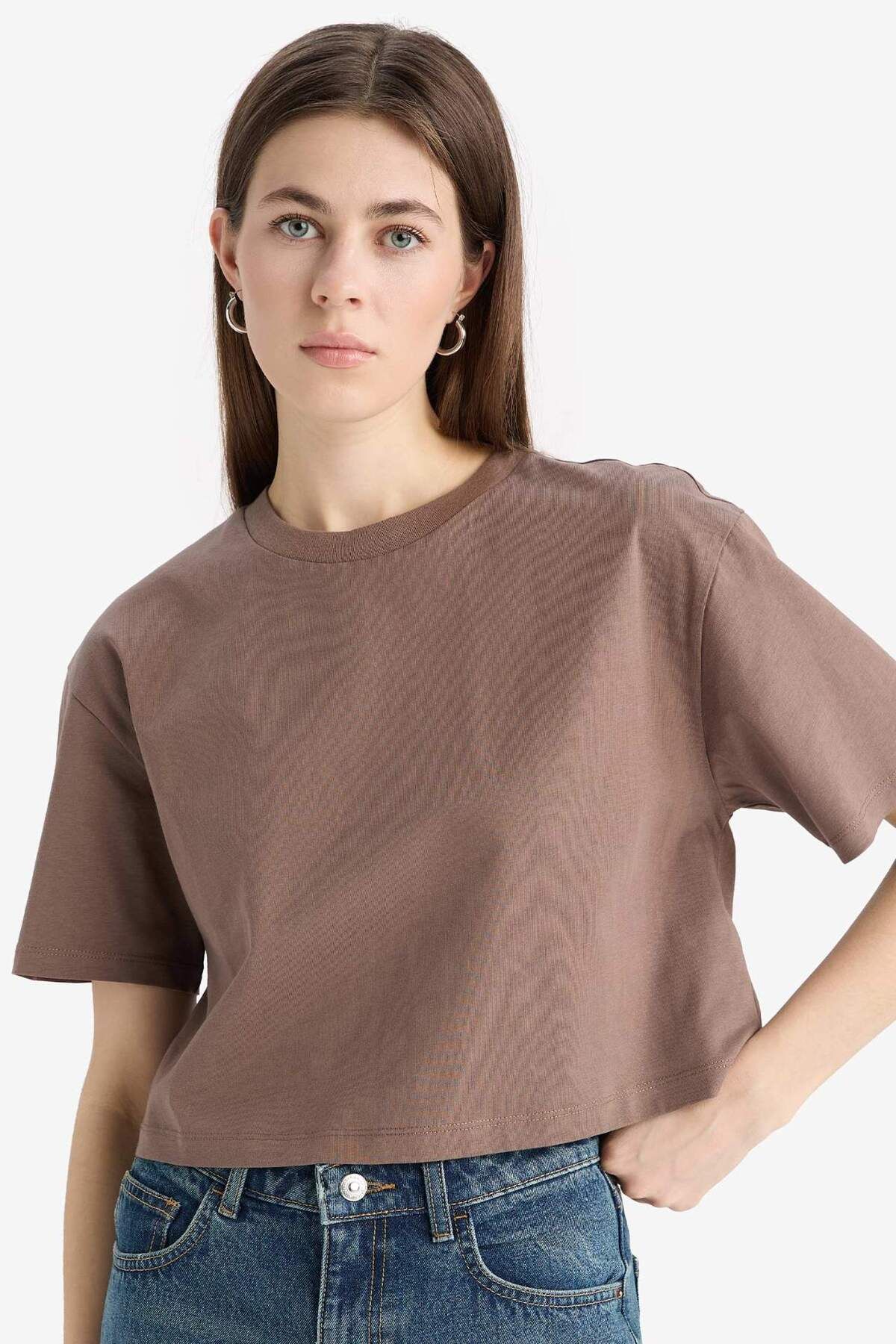 DeFacto-Boxy Fit Crew Neck Basic Plain Combed Cotton Short Sleeve T-Shirt C7459Ax25Sm 3
