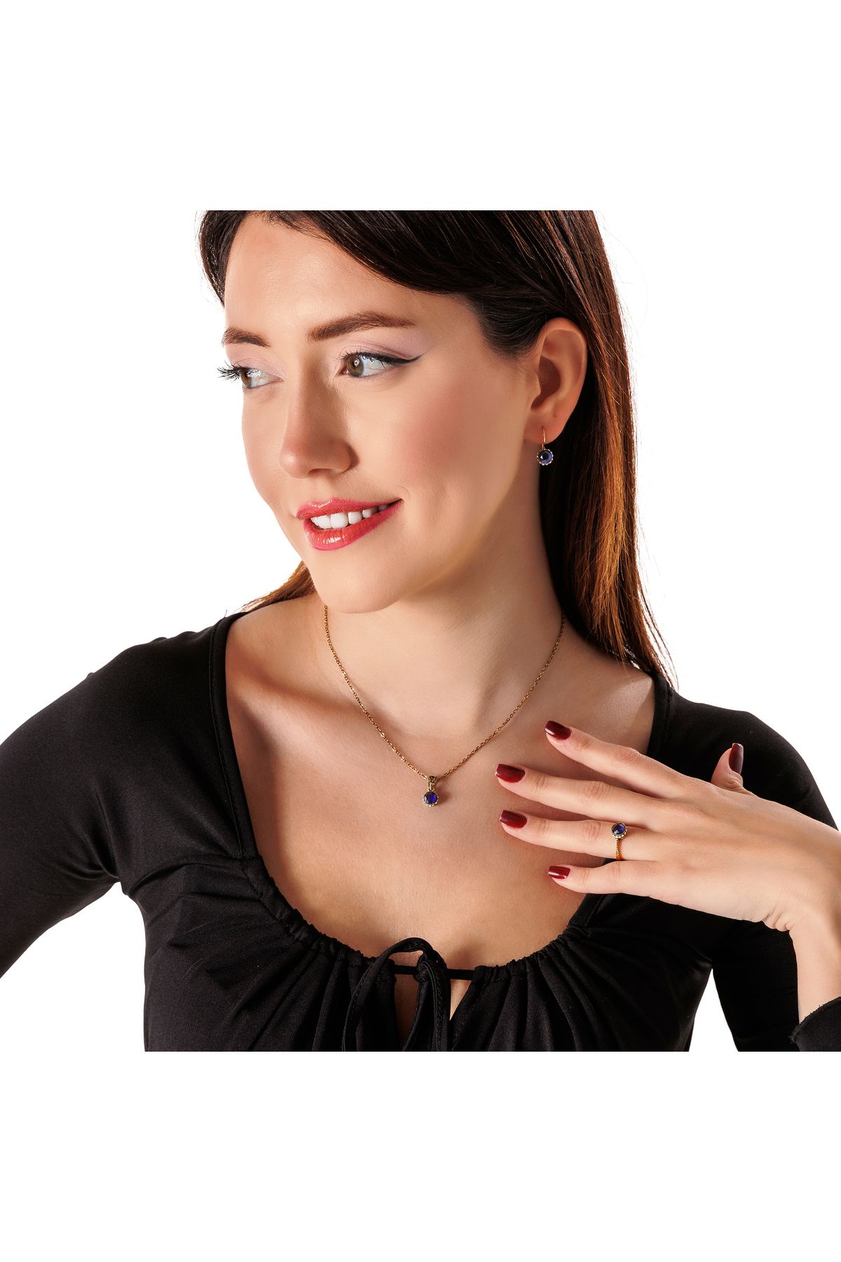Atelier LEO Handmade Jewellery HARMONİ TEKTAŞ LACİVERT TAKIM YÜZÜK NO:5 BAKIR EL YAPIMI KARARMA YAPMAZ KADIN TAKI SETİ