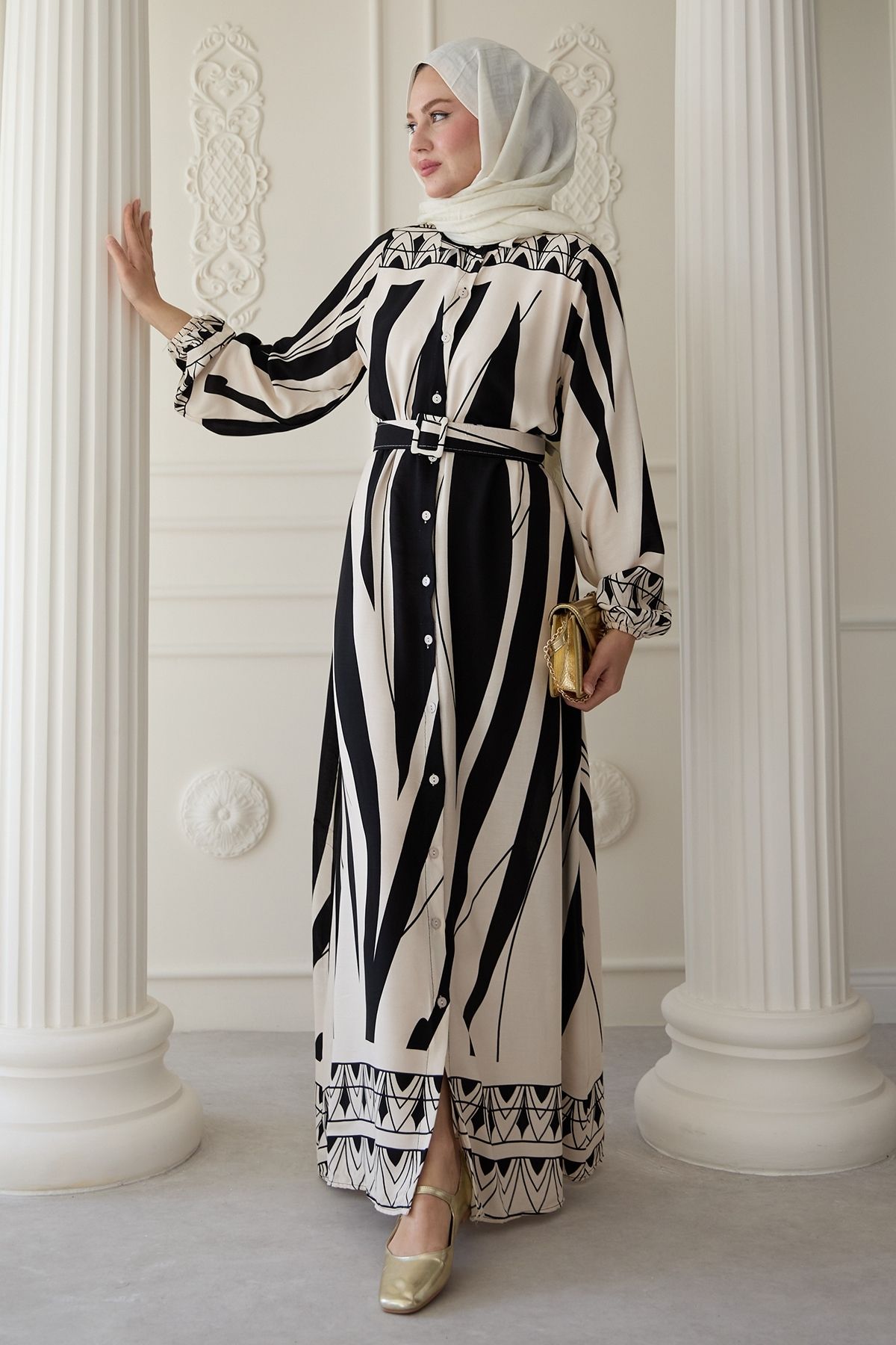 InStyle-Patterned Belted Black Viscose Dress 4