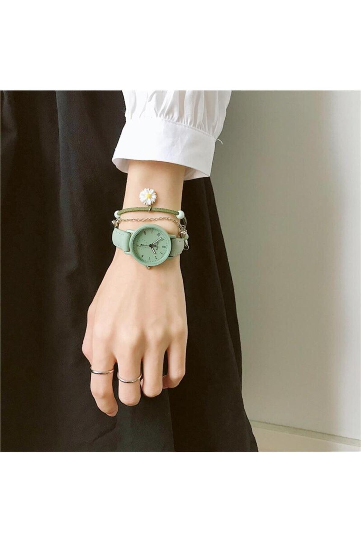 Toz Vintage Yeşil Deri Süet Kordon Minimal Tasarım Vintage Retro Kadın Kol Saati görsel 2