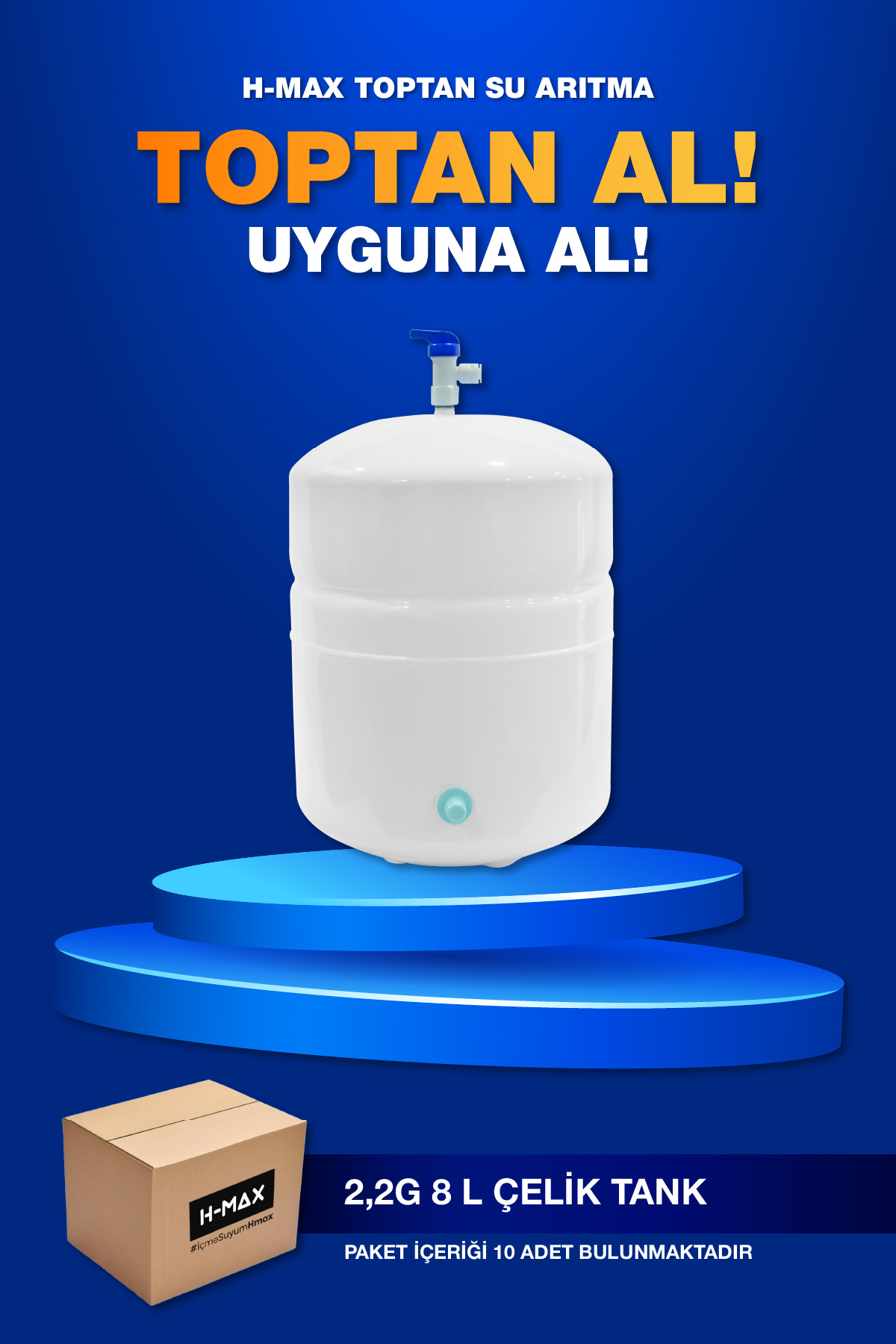 H-MAX Reverse Osmosis System 2,2 Galon 8 Litre Çelik Tank 10 Adet Su Arıtma Cihazı Toptan Avantaj
