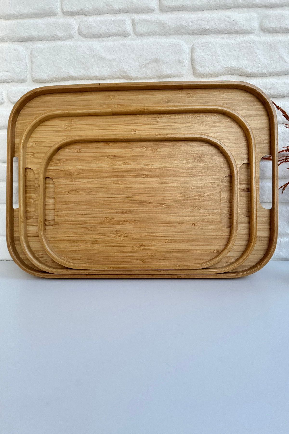 3lü Dikdörtgen Şık İnce Bambu Tepsi Sunum Çay Kahvaltılık ve Sunum Tepsi Seti