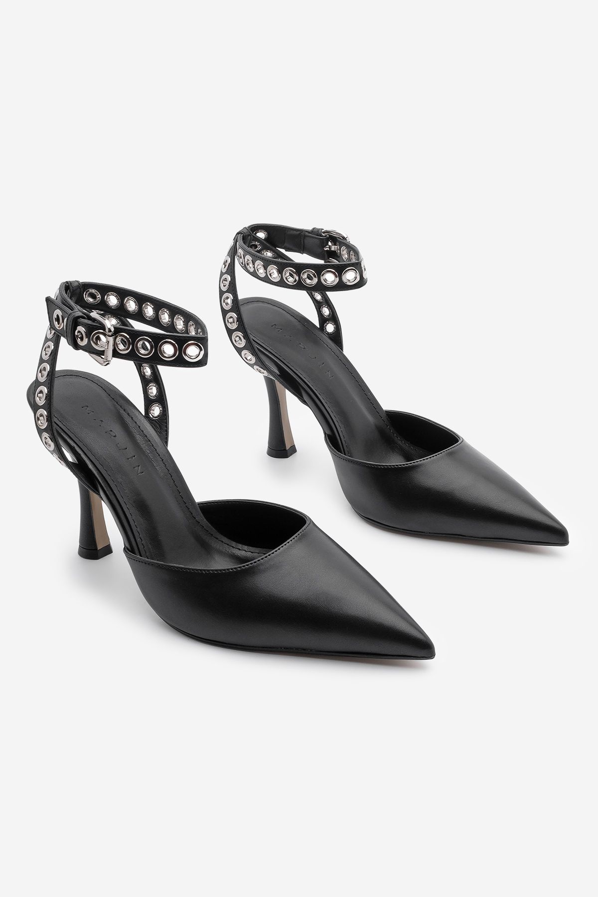 Marjin-Schwarze Damen-Stiletto-Schuhe mit Trock, Knöchelriemen und offenem Rücken 5