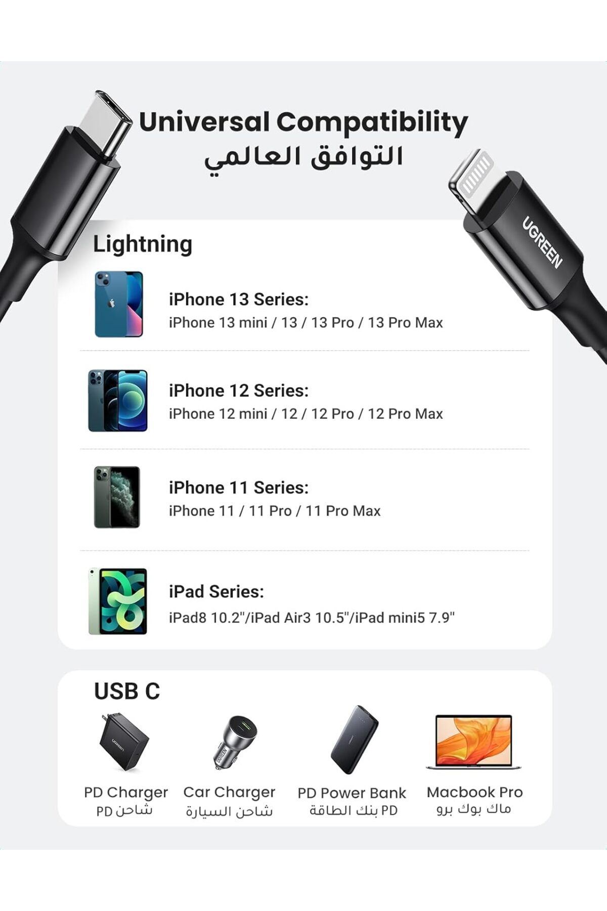 Ugreen-USB-C to Lightning Charging Cable, 1 Meter, 2.4A, 20W PD, Compatible for iPhone, Black 3