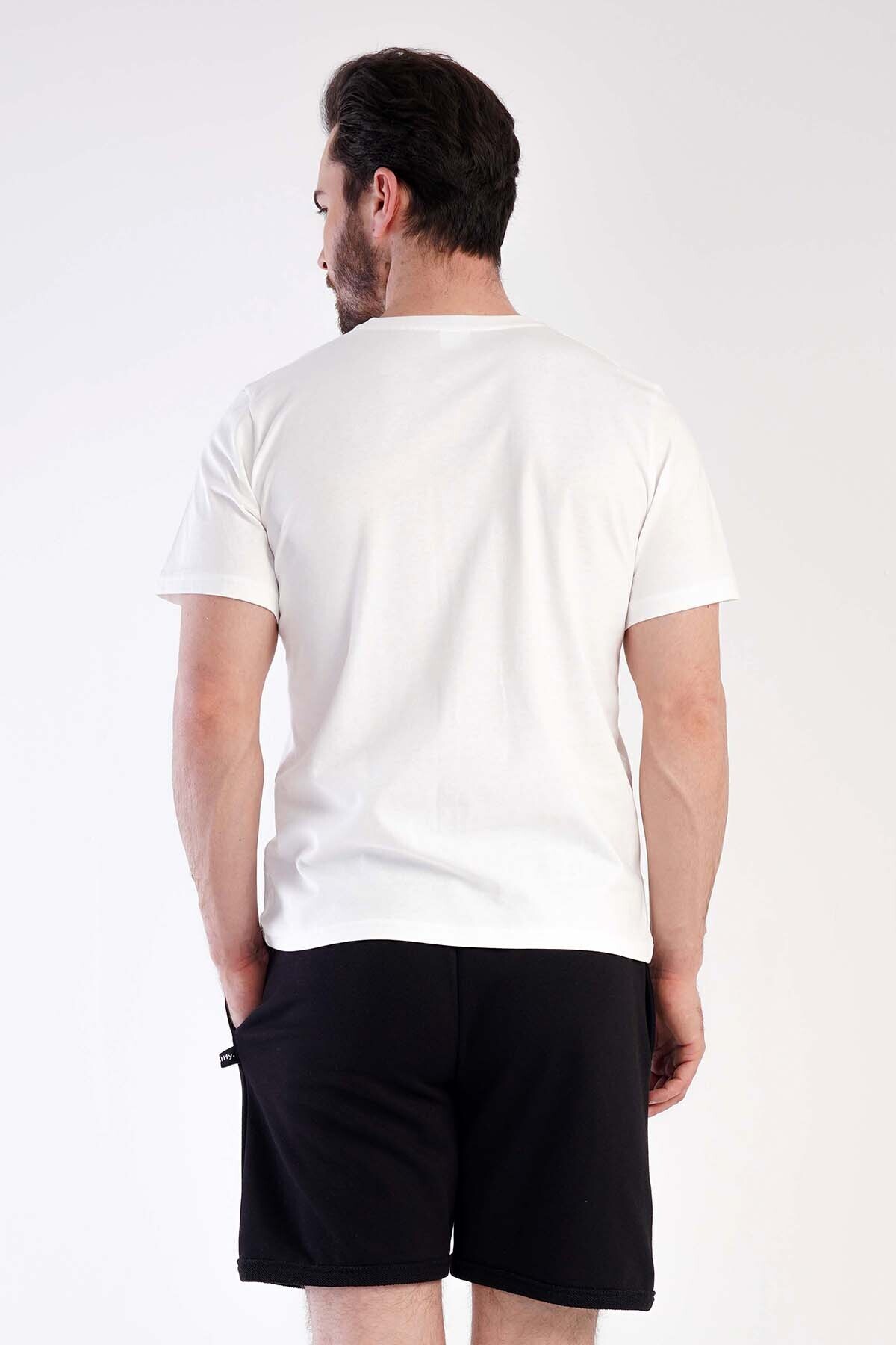 VİENETTA-Men's White 3 Thread Crew Neck Short Sleeve Pajama Set with Shorts, 3010060000 4