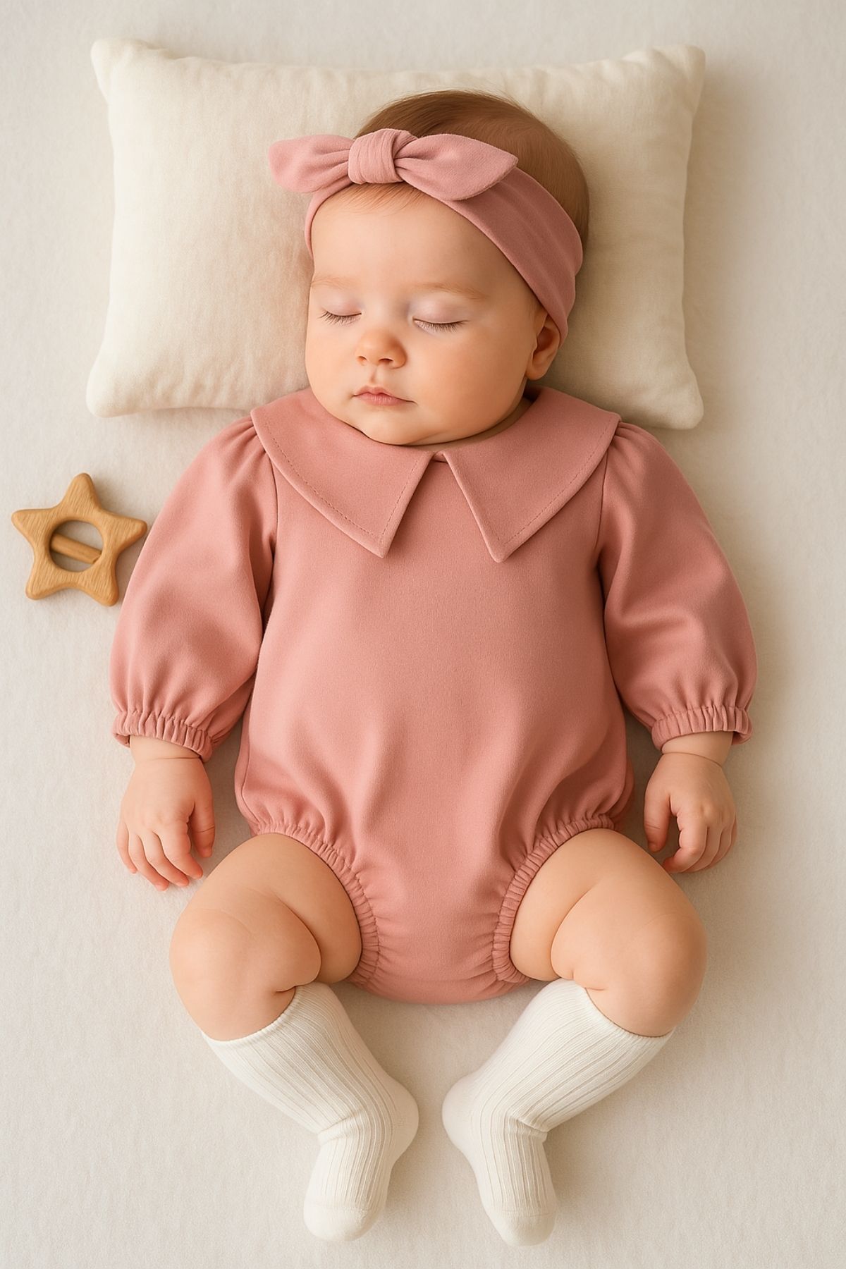 Minytrendy Kız Bebek Little Love Üçgen Yaka Bandanalı Balon Kol Bayramlık Romper Yenidoğan Tulum Takım-pudra fotoğrafı 3 (önizleme)