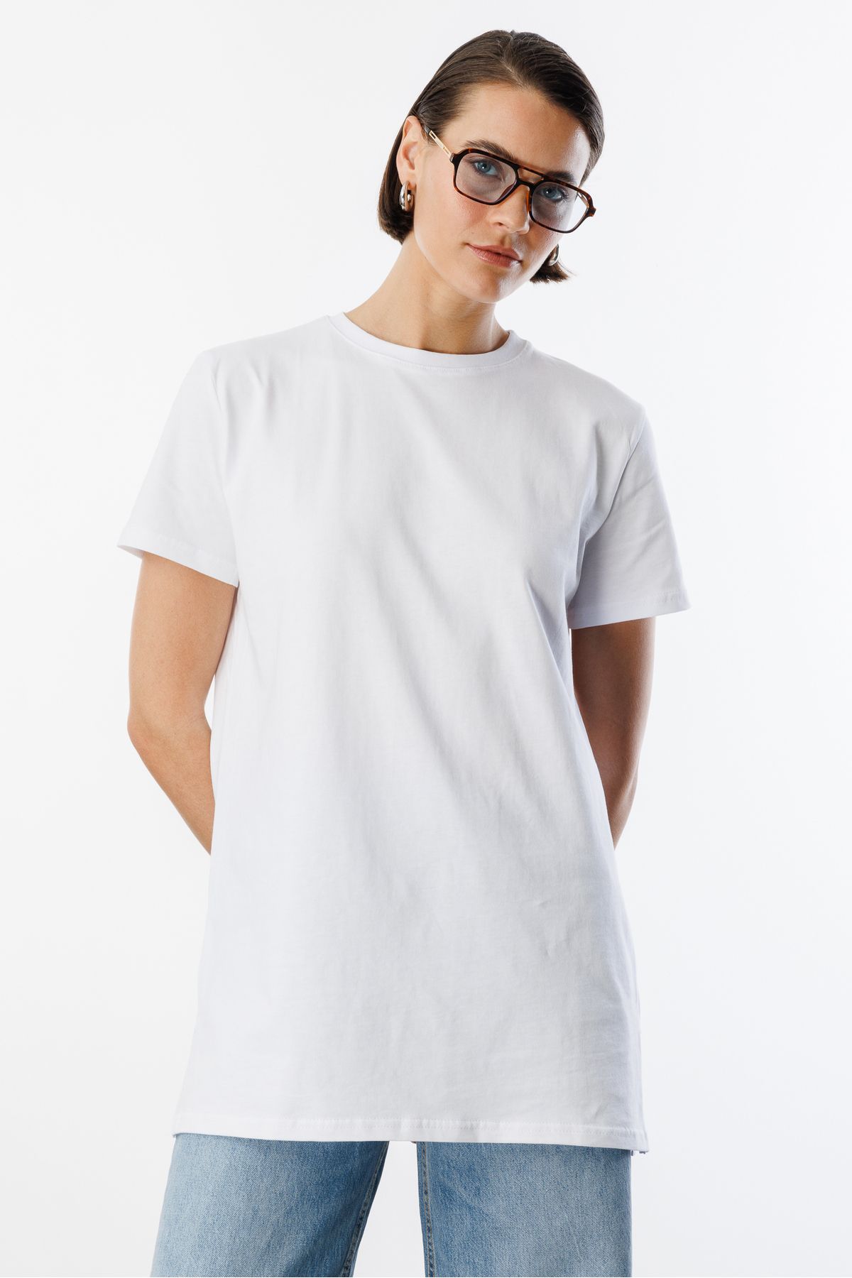 GENIUS STORE-Regular Fit Crew Neck Basic Plain Short Sleeve 100% Cotton Tunic Oversize-Tunik 2