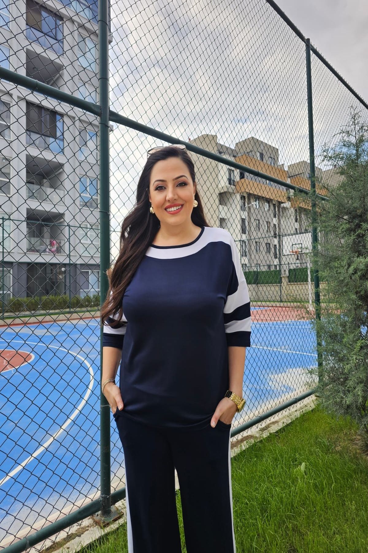 xlargebutik-ملابس نسائية مقاسات كبيرة، أزرق داكن وأبيض، مجموعة أنيقة ومريحة 6