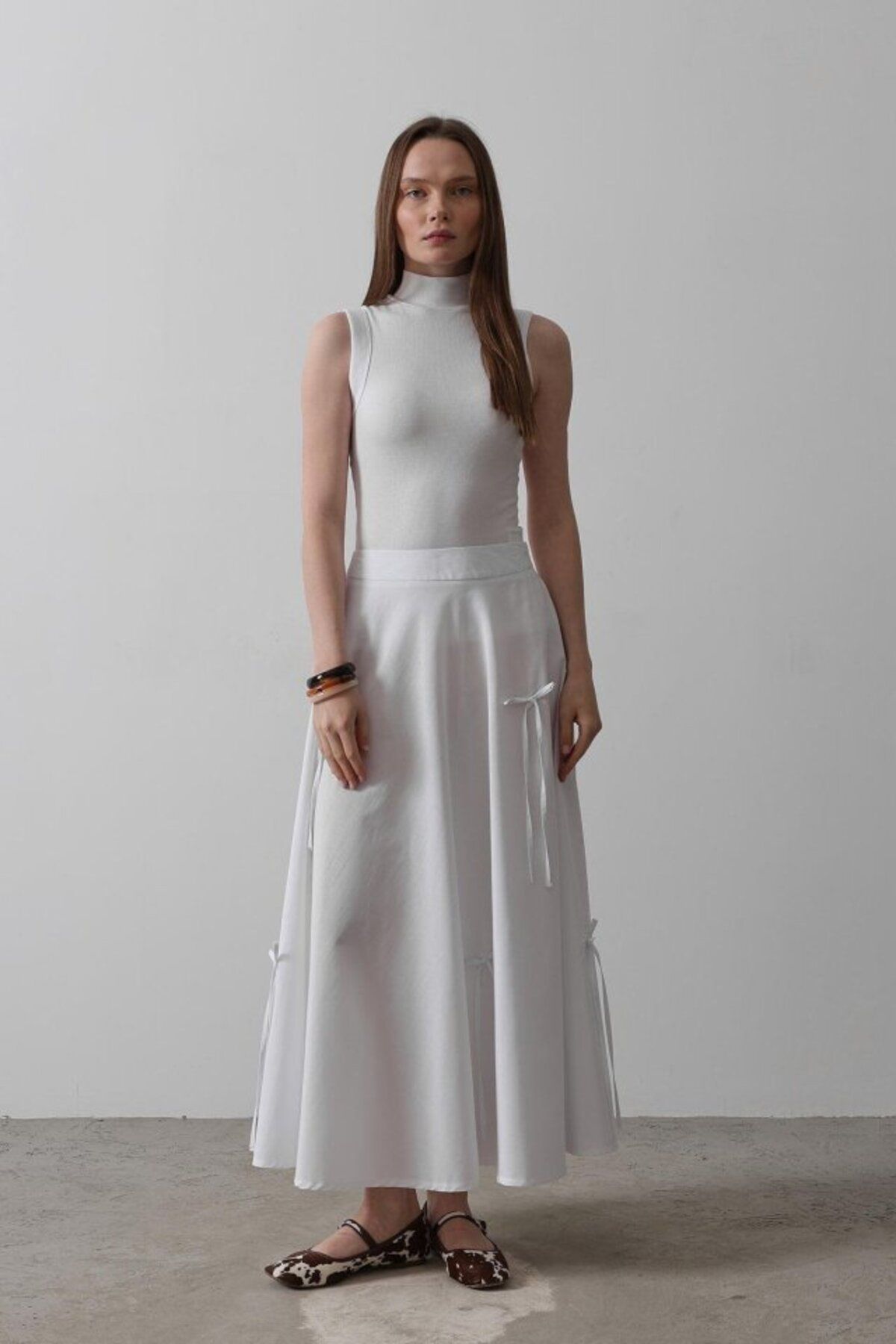 velmorafashion Fiyonk Kloş Etek - Beyaz