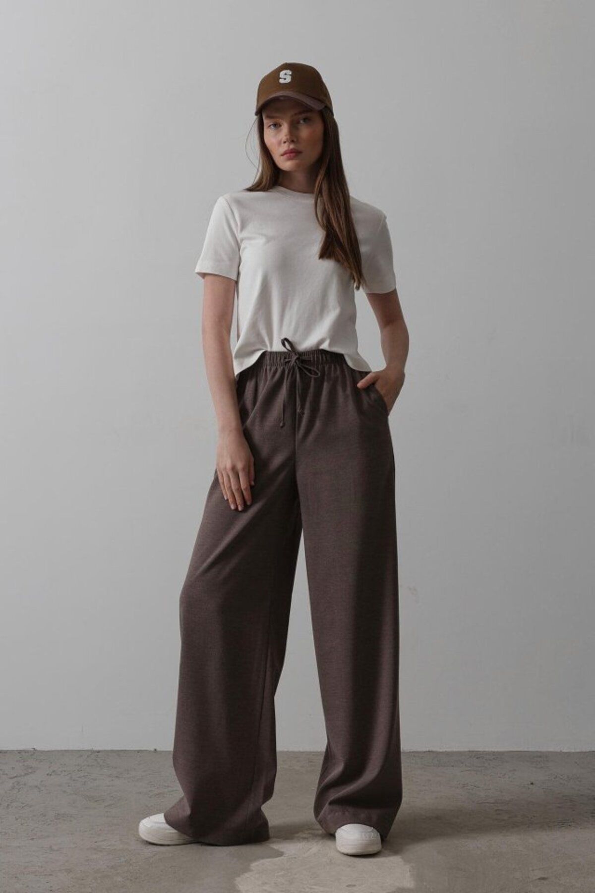 velmorafashion Beli Lastikli Bol Paça Pantolon - Kahve