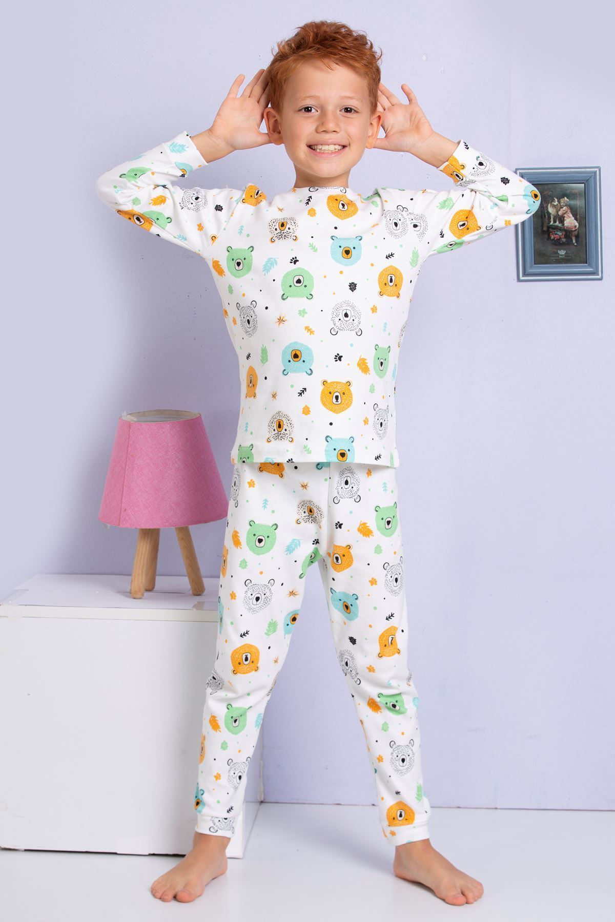 yagmurgiyim ELMP Ekru Ayıcık Desenli %100 Pamuk Erkek Çocuk Pijama Takımı 1-13 Yaş 3056 fotoğrafı 2 (önizleme)