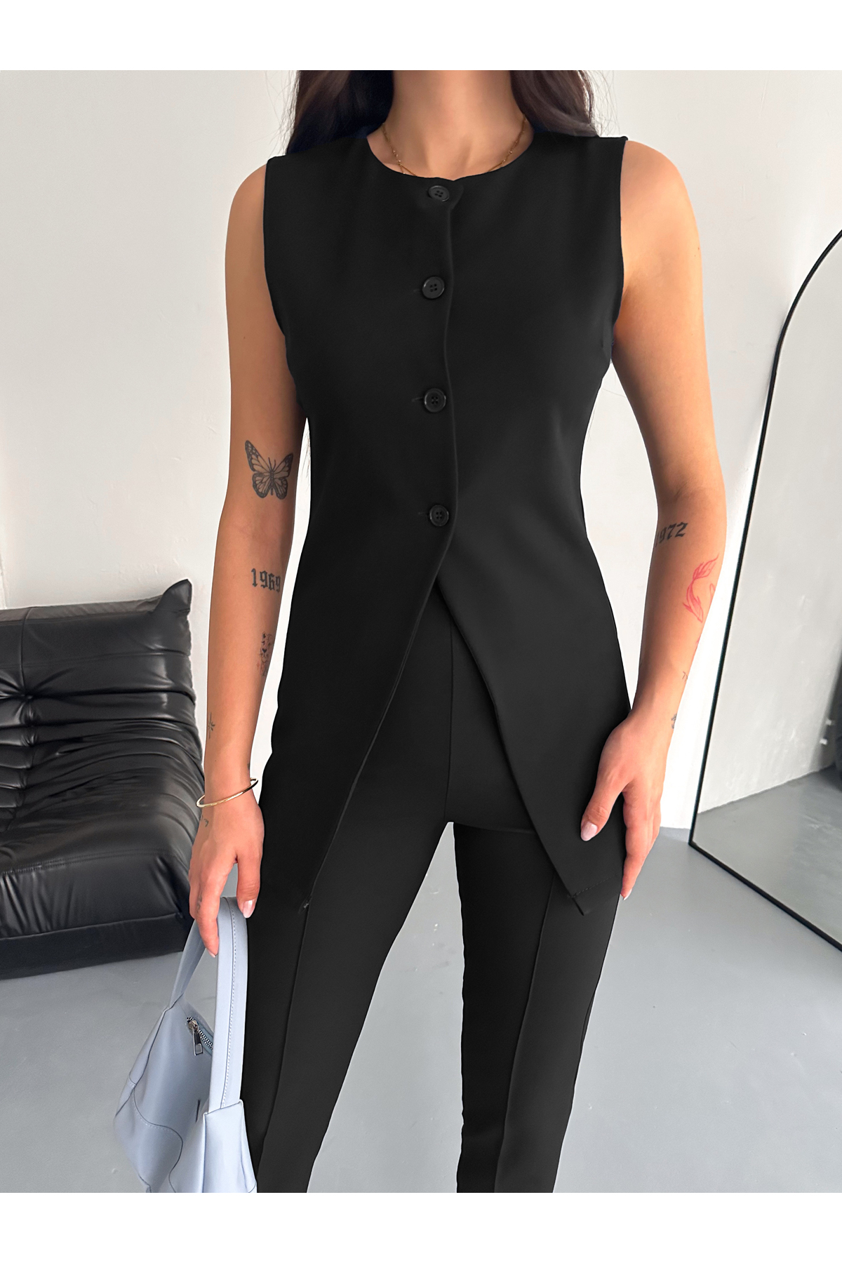 Black Crew Neck Sleeveless Vest High Waist Slim Fit Pants Double Fabric 2 Piece Set