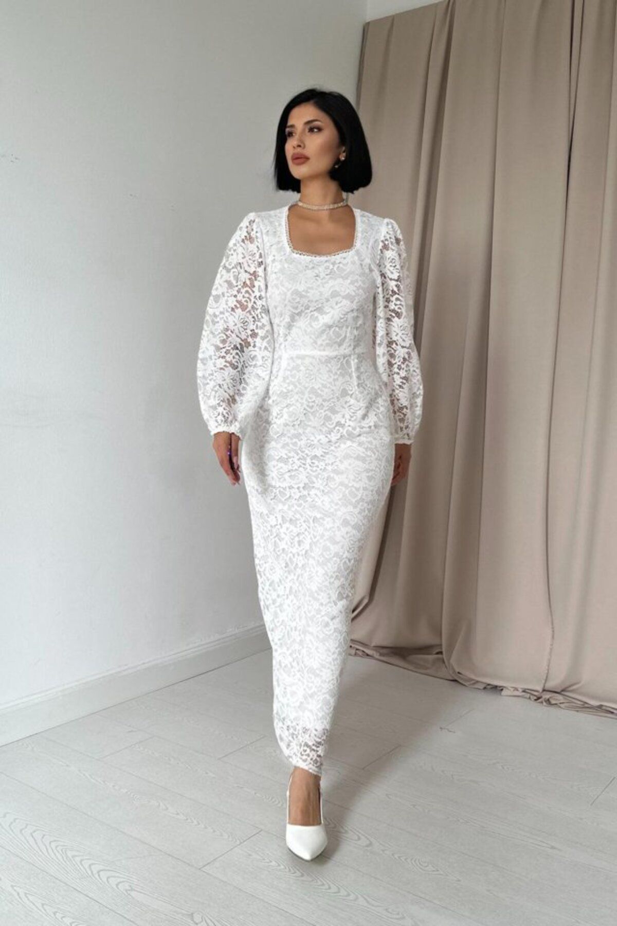 MODA Beyaz Güpür Detaylı Dantel Elbise