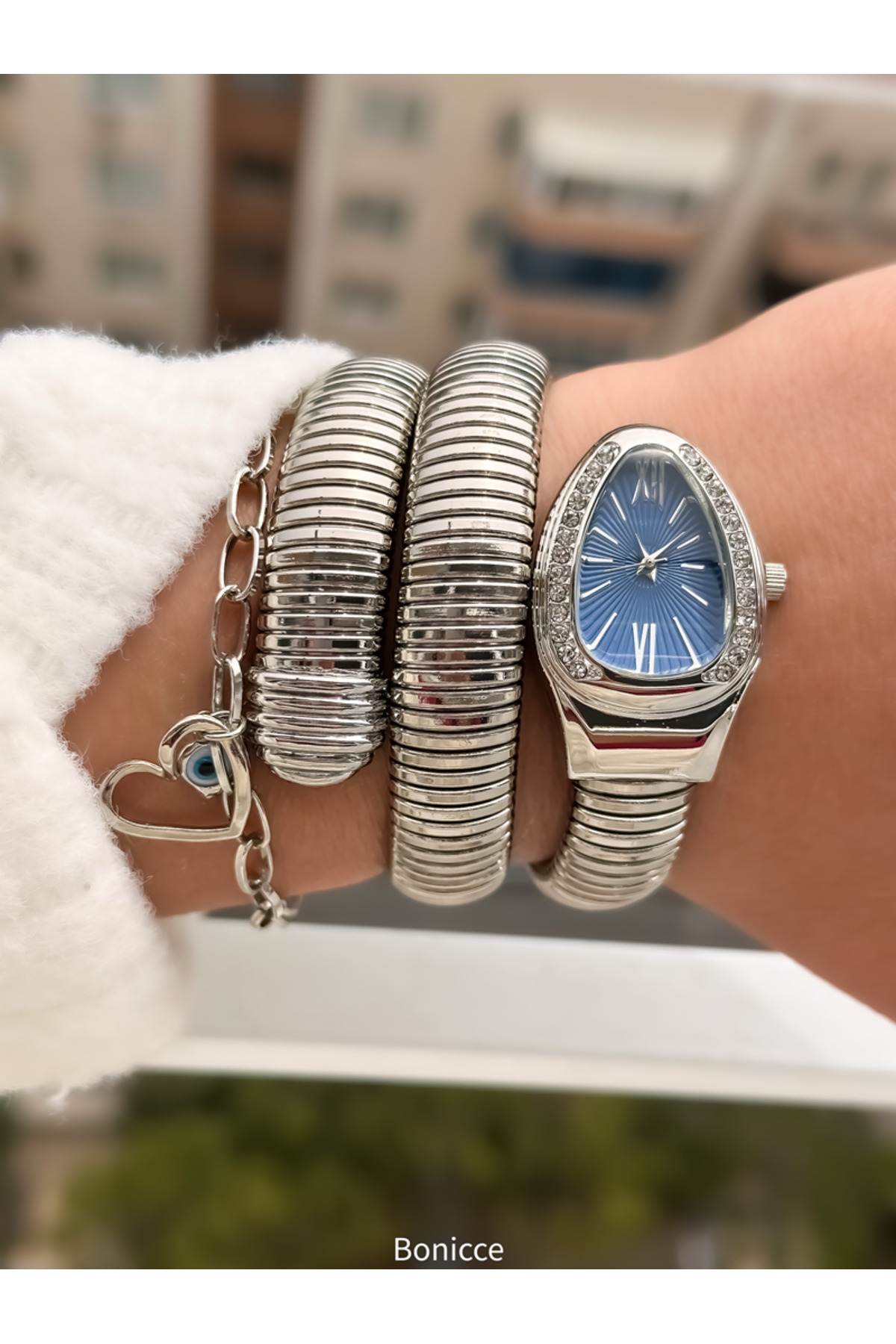 Navy Blue Dial in Gift Box, Silver Color with gemstone,,snake Watch Heart Bracelet