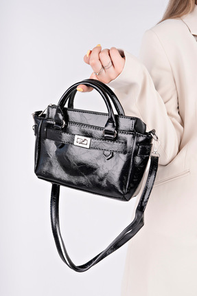 pasyone Siyah Kadın Rugan Detaylı Çift Askılı Çanta