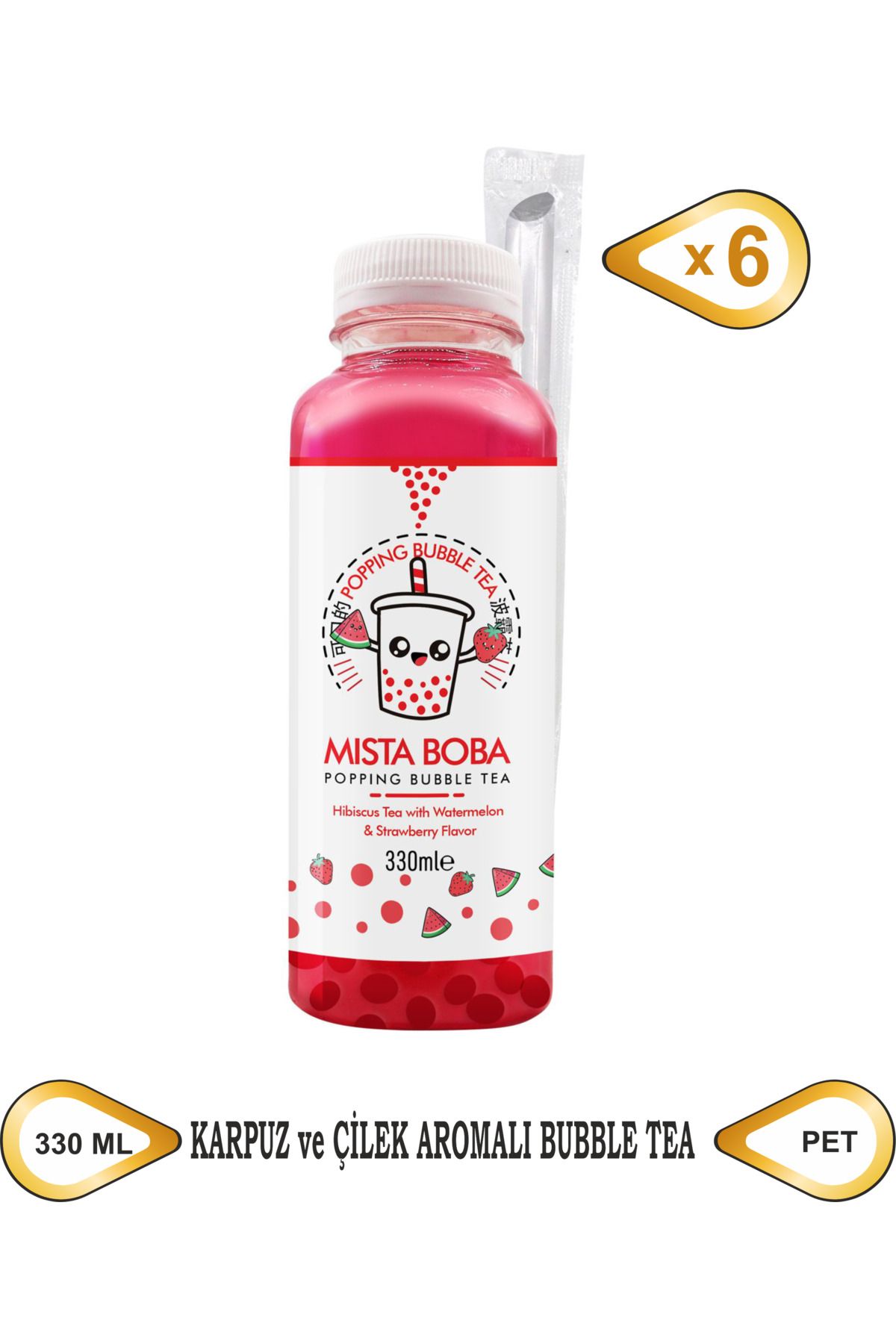 MISTA BOBA Çilek Ve Karpuz Aromali Hibiskus Çayli Bubble Tea 330ML 6'lı Paket