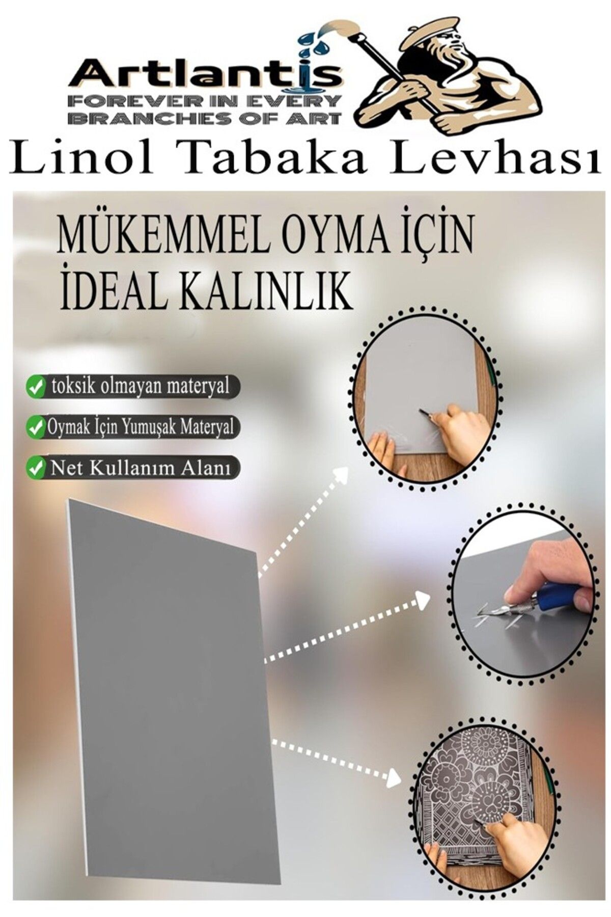 Linol Baskı Seti 1 Paket A4 20x30 Linolyum Tabaka Gri Linol Oyma Seti 3 Bıçaklı Kretuar Rulo Fırça M - 6