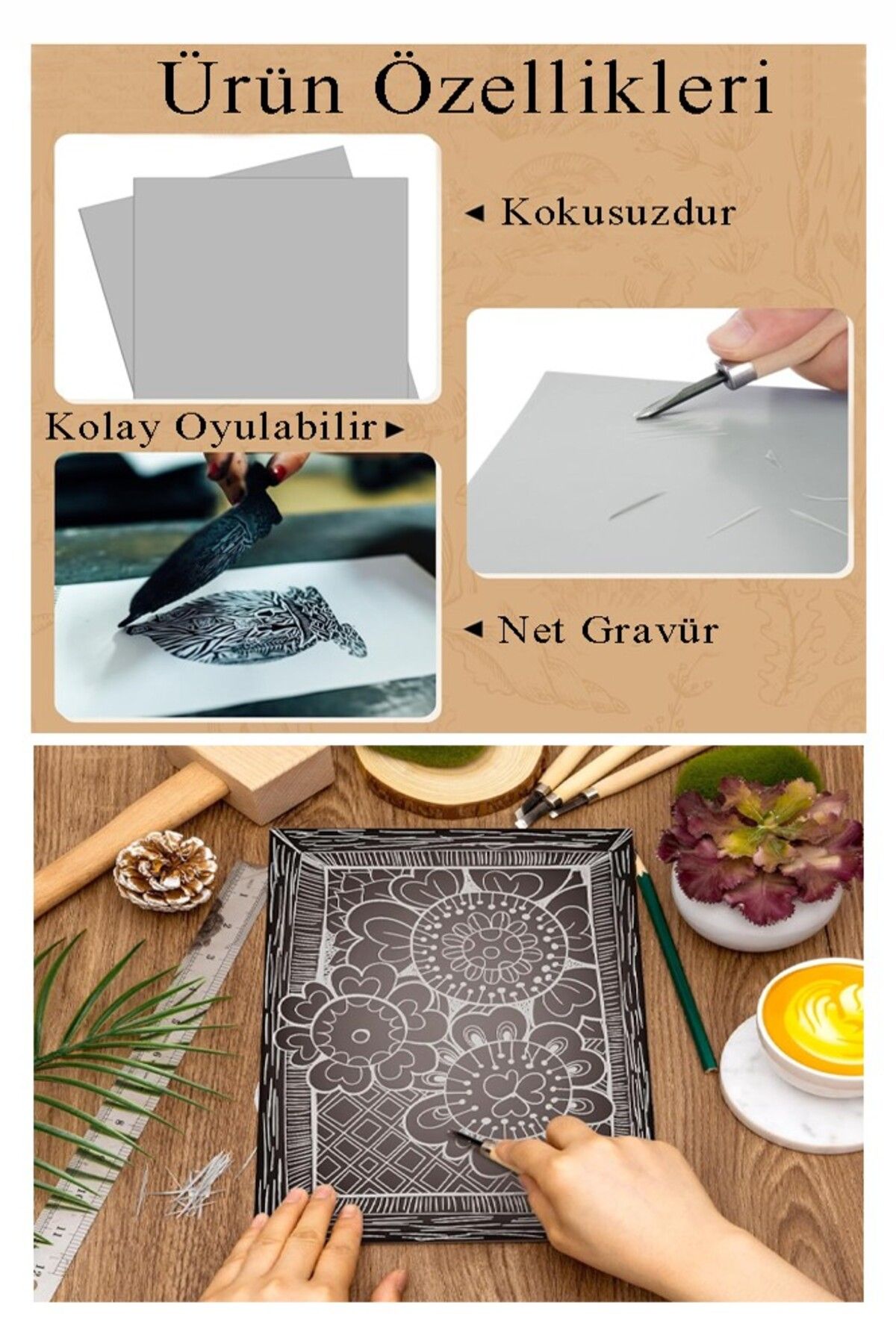 Linol Baskı Seti 1 Paket A4 20x30 Linolyum Tabaka Gri Linol Oyma Seti 3 Bıçaklı Kretuar Rulo Fırça M - 5