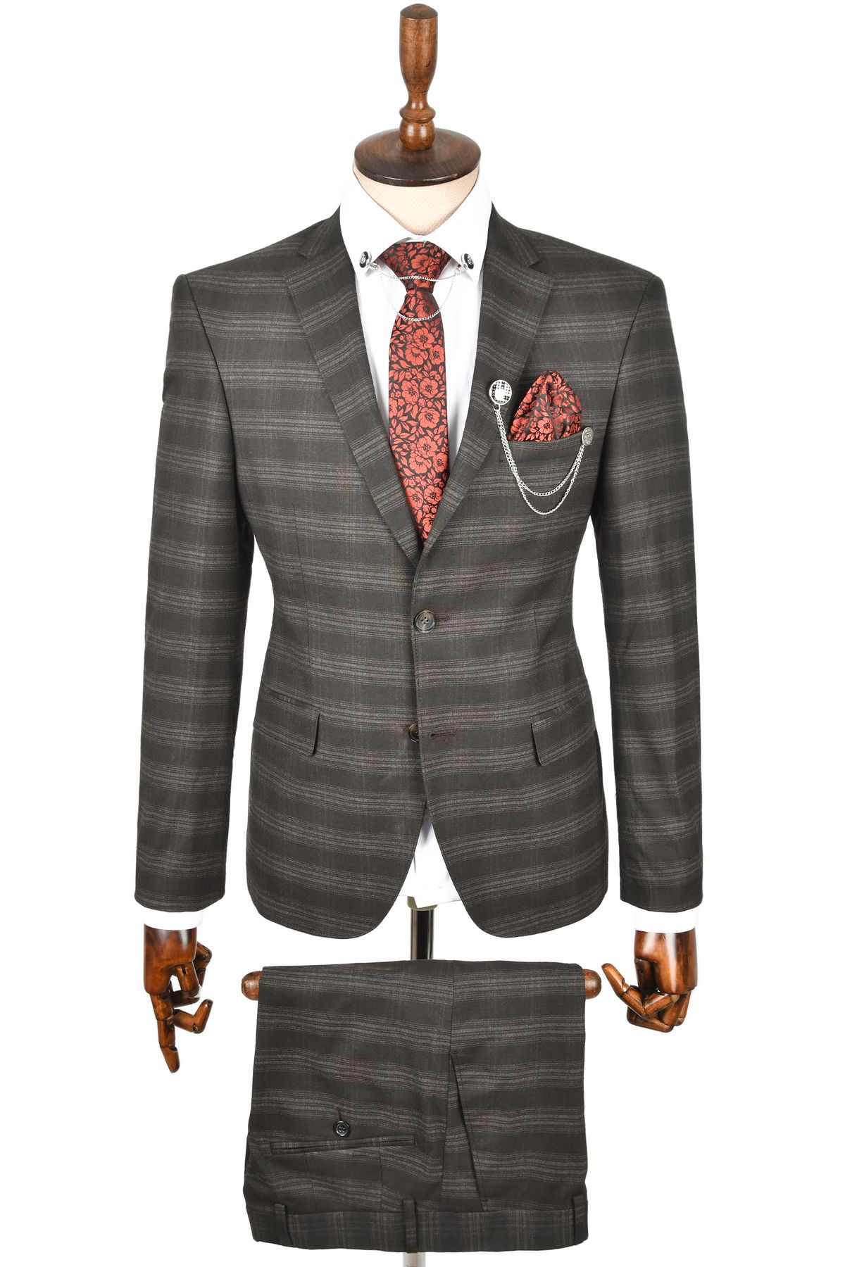 کت و شلوار 2 تیکه تک چاک دو دکمه ای مردانه Antracite Slim Fit Cut طرح دار 2 تیکه 2300271 DeepSea