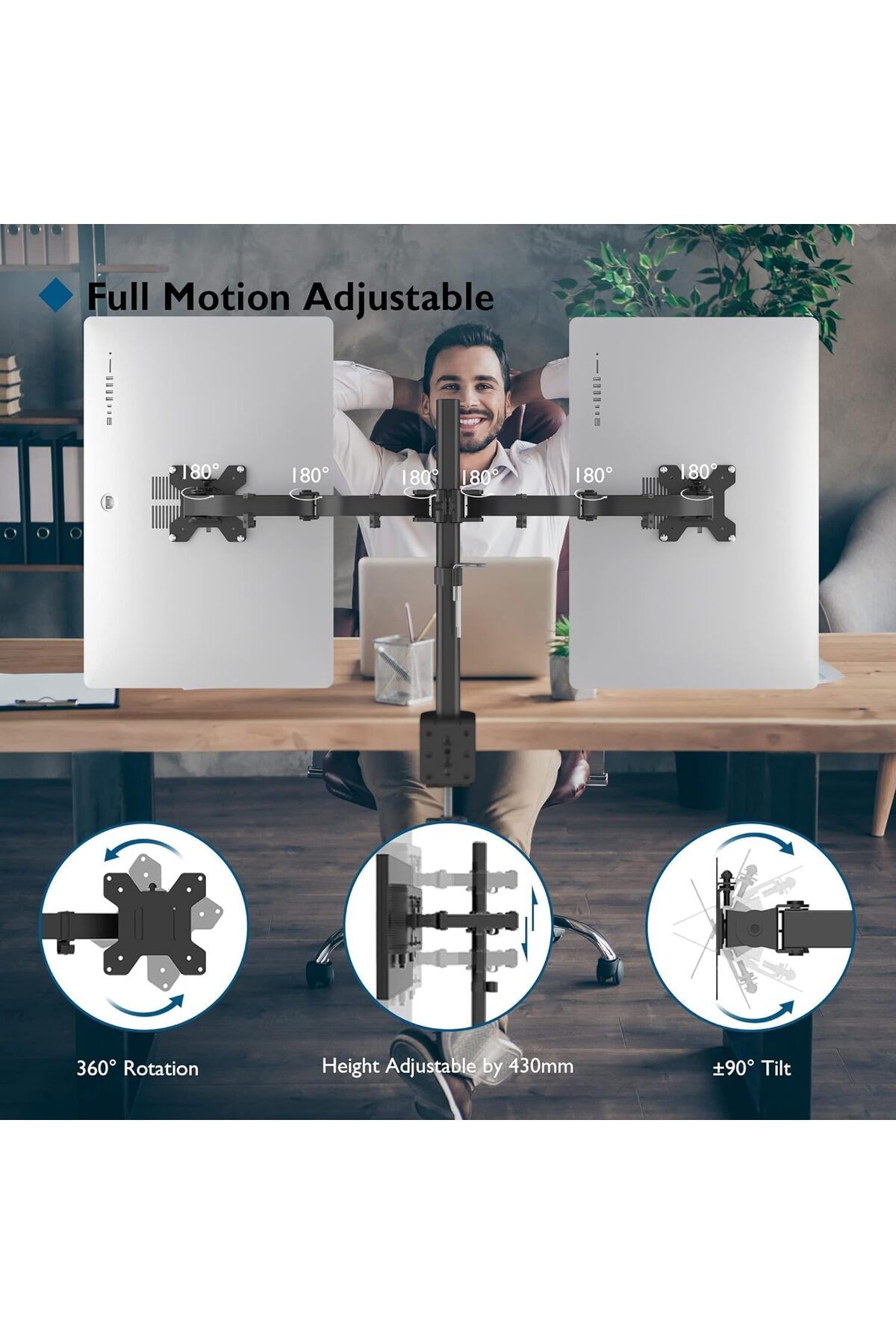 fulina-Height Adjustable Bracket Monitor Arm Dual Flex,17-32 inch Screen,Desk Mount Swivel and Tilt 2