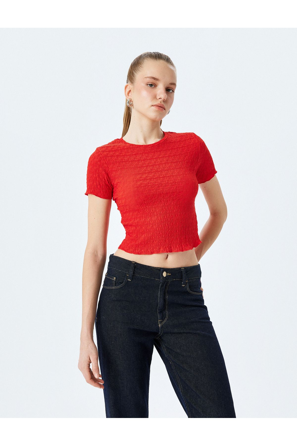 Koton Yeni Sezon Basic Kısa Kollu Bisiklet Yaka Dokulu Crop Tişört Bürümcük