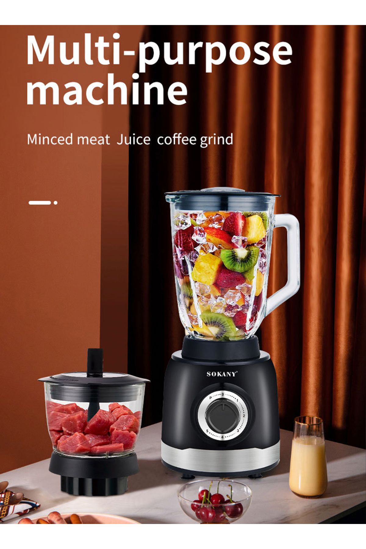 SOKANY-3-In-1 Juicer Blender, 1.5 Litre, 1000W Multi-Function High Speed Blender Ice Crusher Black 4