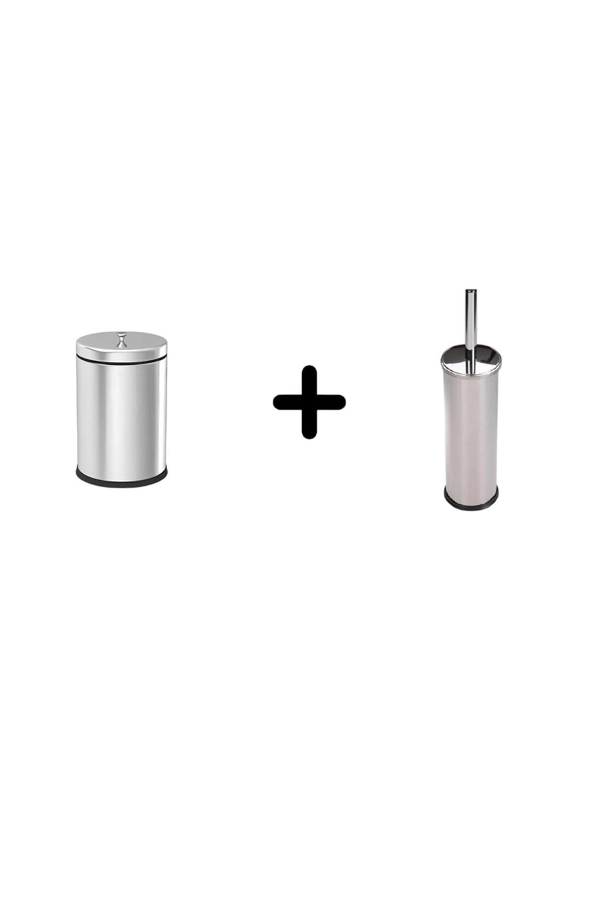 Zethome-Stainless Chrome Lid Dustbin 12 Lt and Toilet Brush Set 1