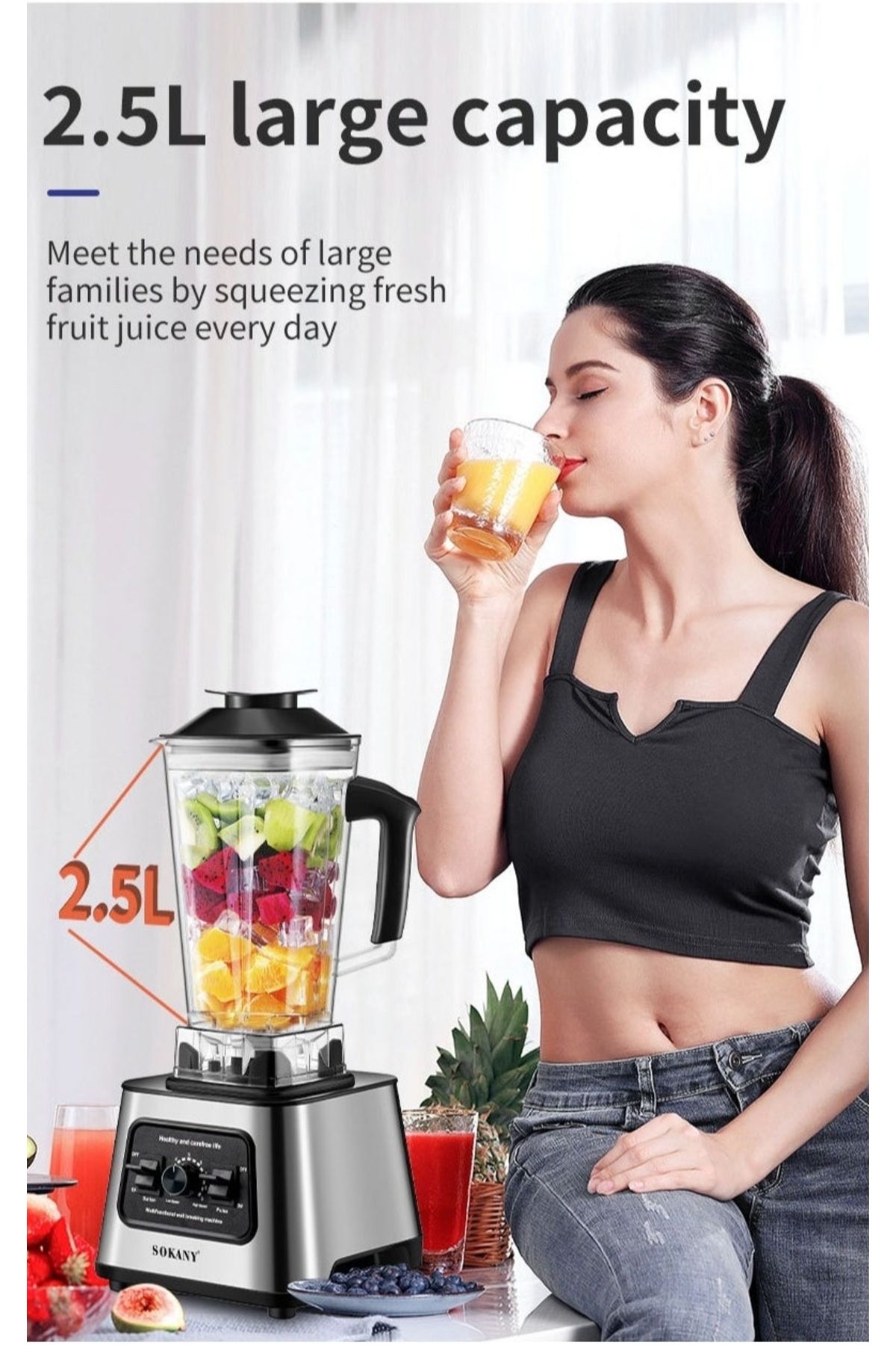 SOKANY-Juicer Blender, 2.5 Litre, 6000W Multi-Function High Speed Blender Ice Crusher SK-999 Black 5