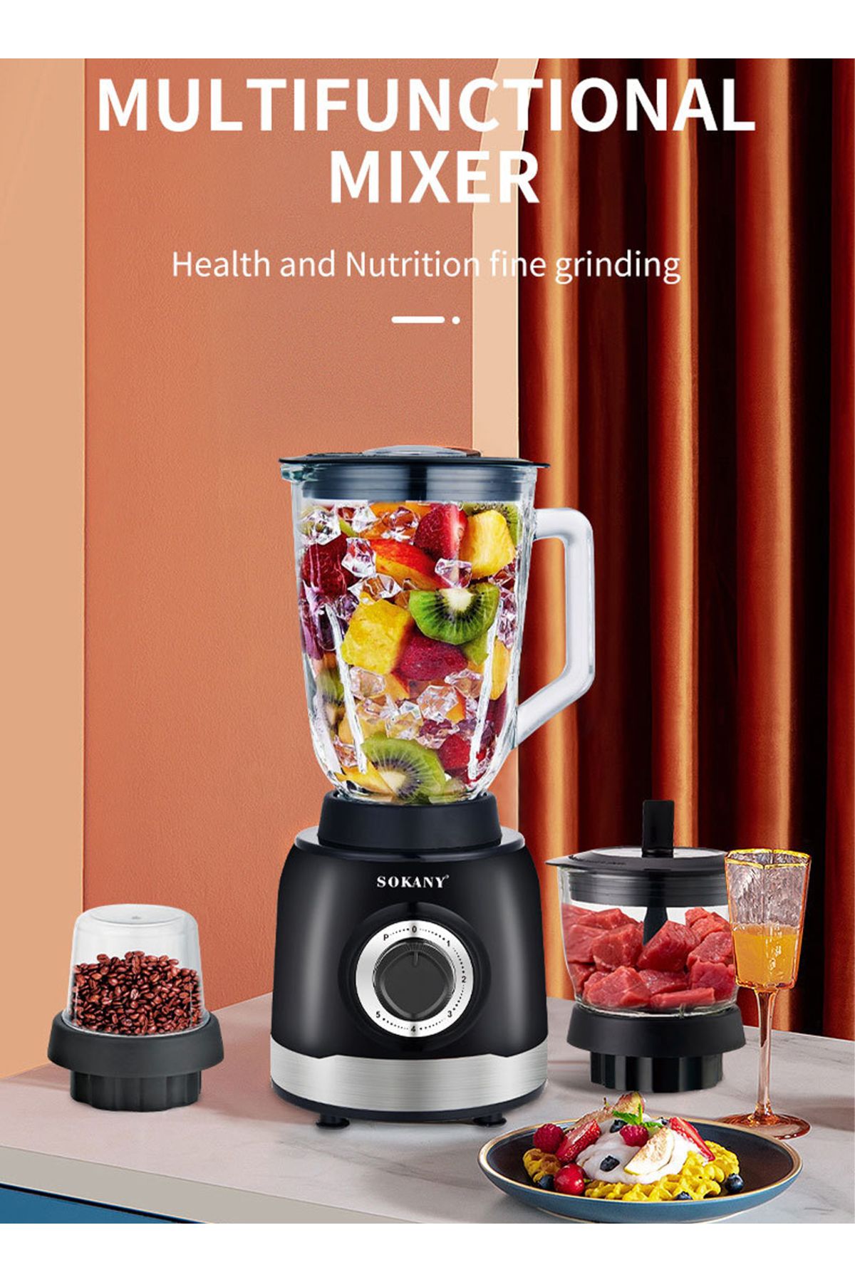 SOKANY-3-In-1 Juicer Blender, 1.5 Litre, 1000W Multi-Function High Speed Blender Ice Crusher Black 7