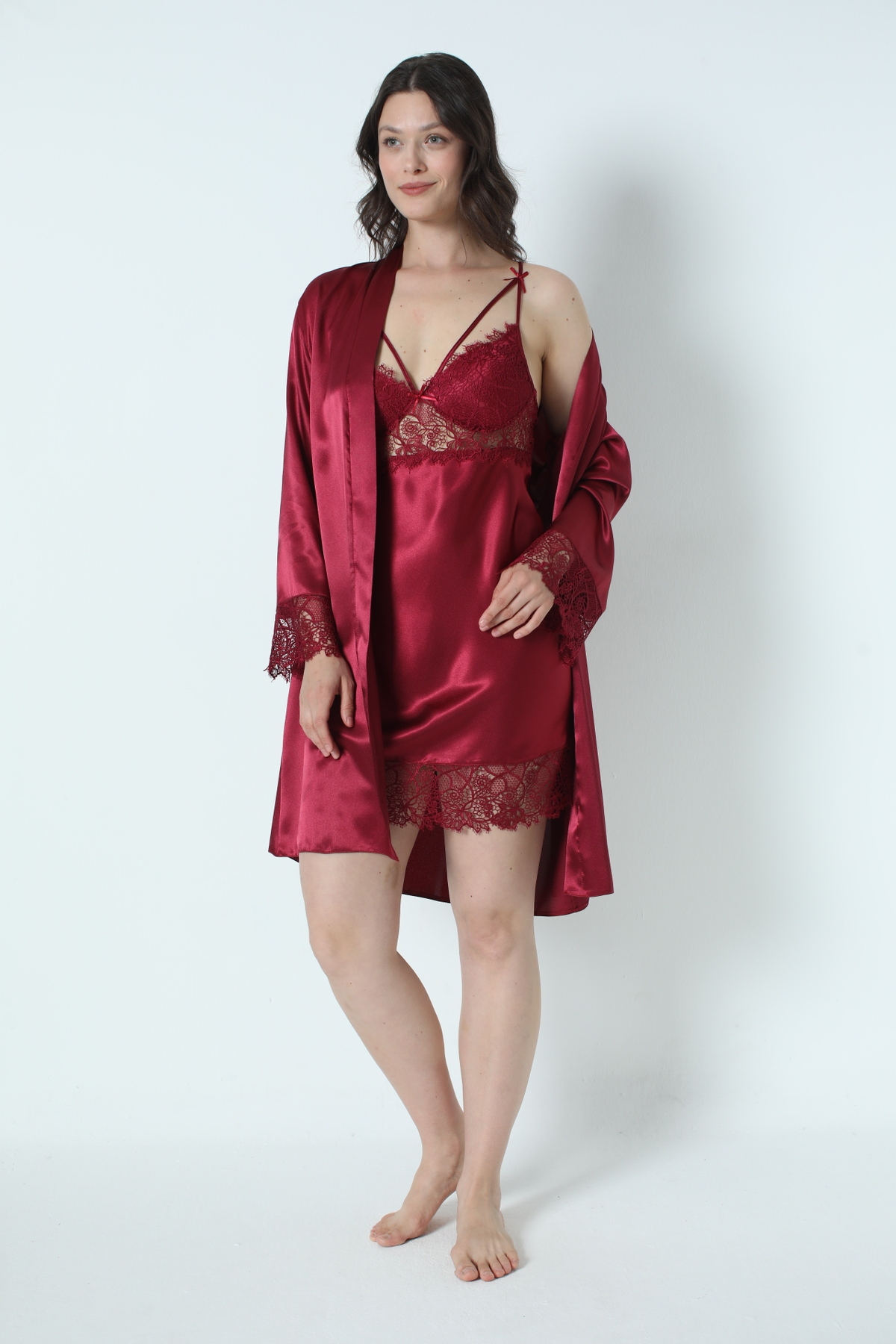 mdm style Bordo Saten Gecelik Sabahlık Pijama Takım Şort Takım 6'lı Gelin Çeyiz Seti 8670