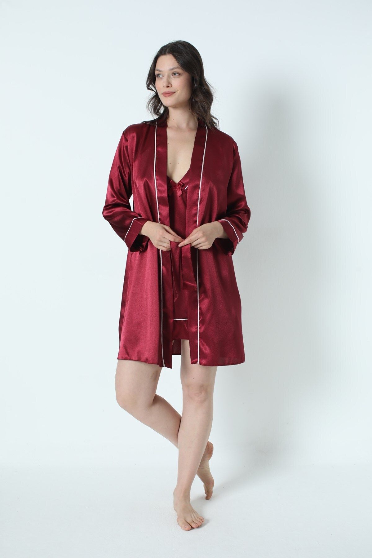 mdm style Kadın Bordo Saten Çeyiz Seti 6 Parça Beyaz Biyeli Sabahlık Gecelik Pijama Şortlu Takım 8630