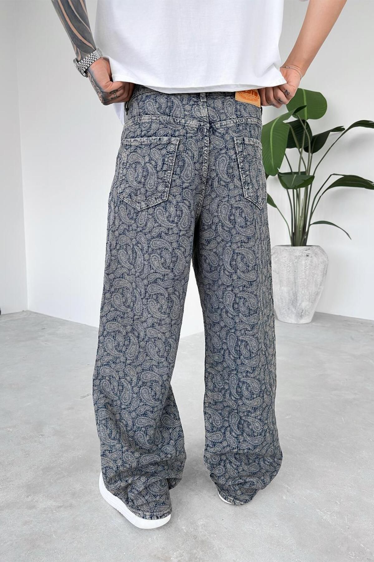 HAFKAGİYİM-Navy Blue Ethnic Patterned Premium Baggy Trousers 3