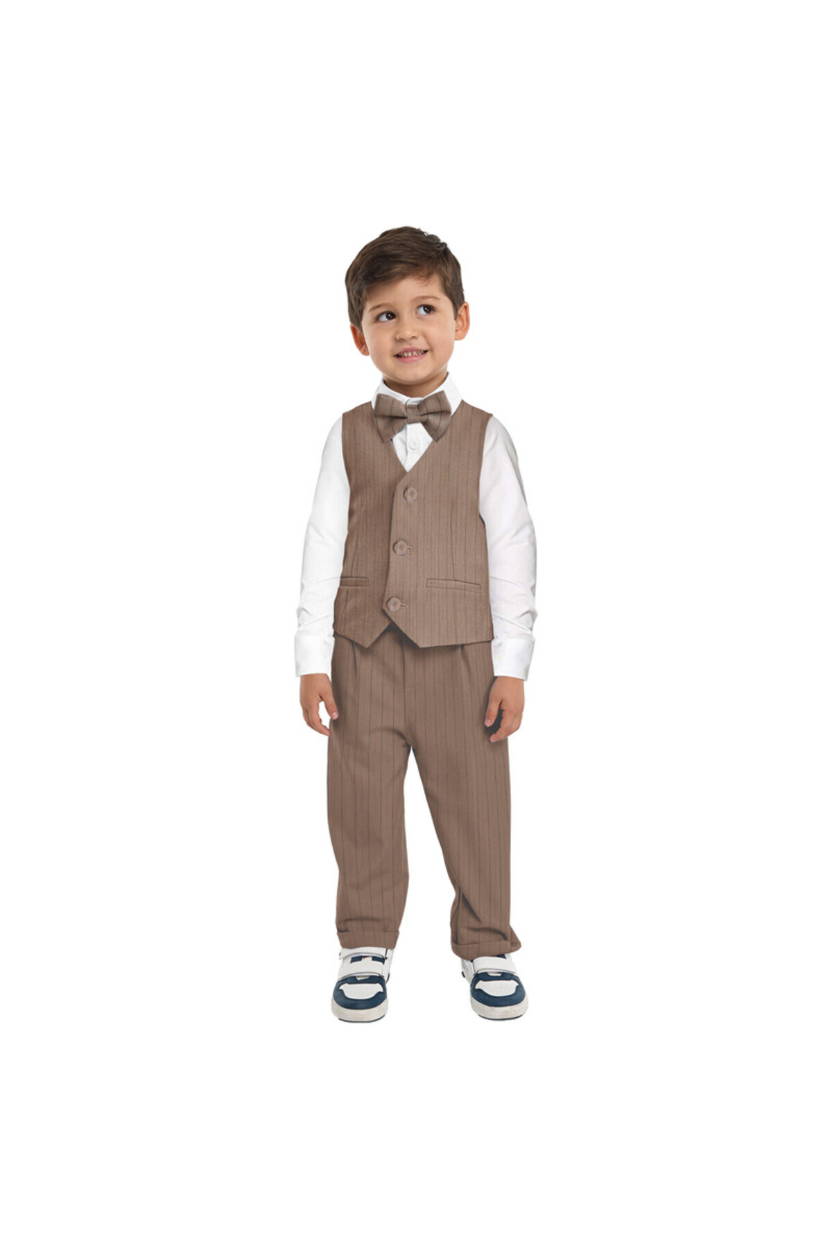 Victor and Jane-Stripe Beige Waistcoat And Pant Set With Shirt And Bow Tie 1