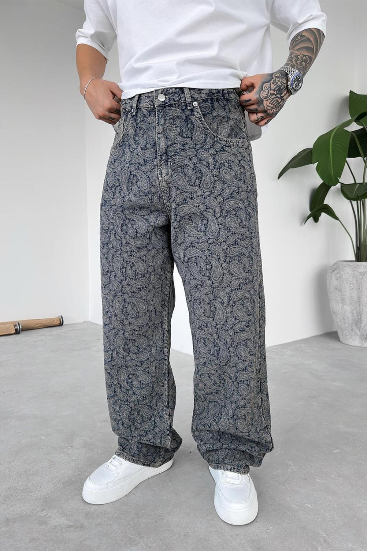 HAFKAGİYİM-Navy Blue Ethnic Patterned Premium Baggy Trousers 1