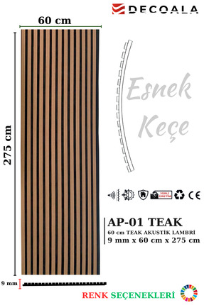 DECOALA Mdf Ahşap Akustik Duvar Paneli 60x275 Cm - Teak