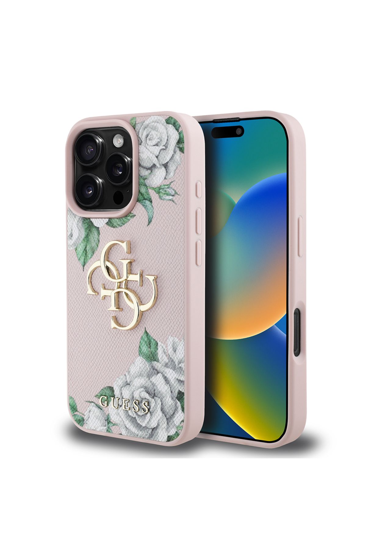 کاور و قاب آیفون 16 PRO CASE GUESS دارای مجوز گل رز سفید طرح دار 4G فلزی بزرگ با صورتی Guess