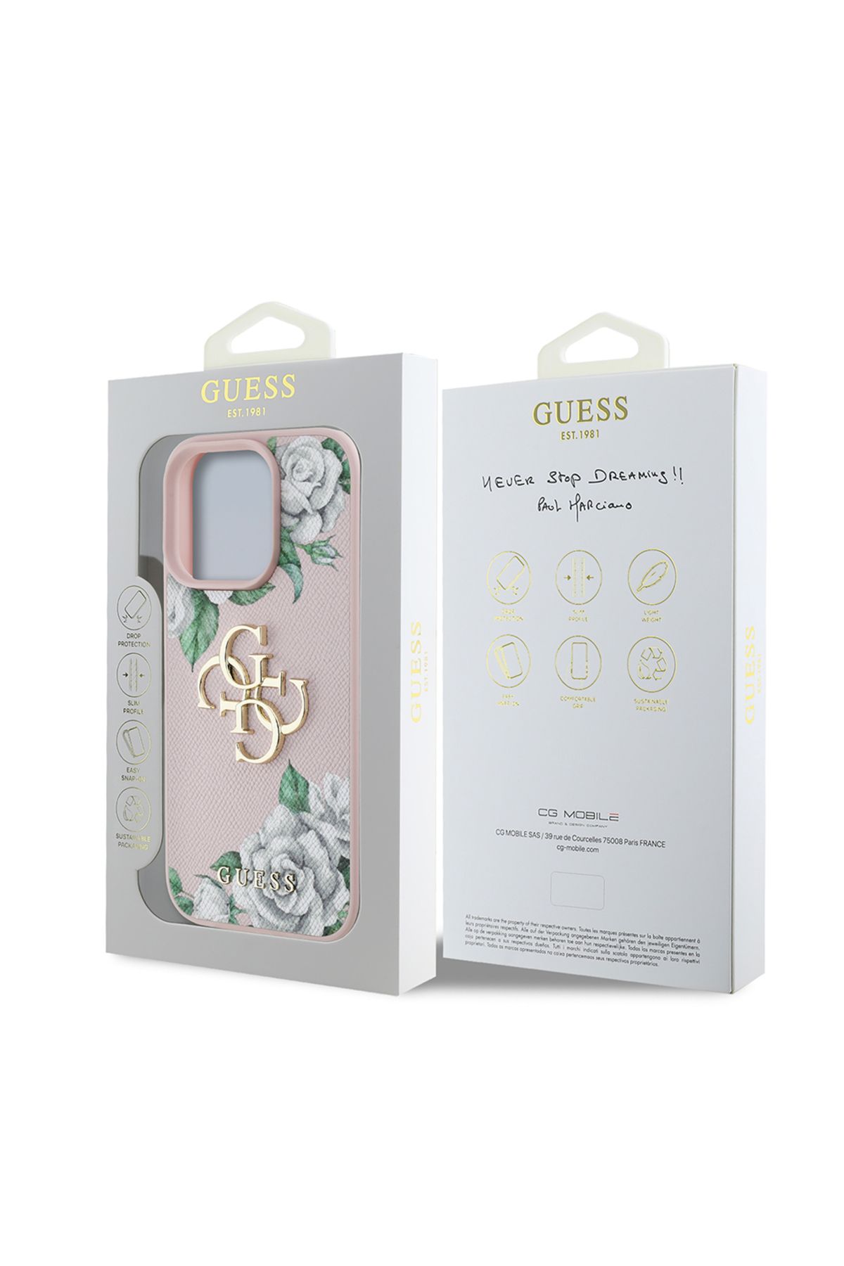 کاور و قاب آیفون 16 PRO CASE GUESS دارای مجوز گل رز سفید طرح دار 4G فلزی بزرگ با صورتی Guess