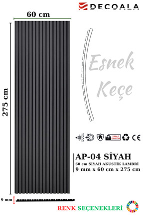 DECOALA Mdf Ahşap Akustik Duvar Paneli 60x275 Cm - Siyah