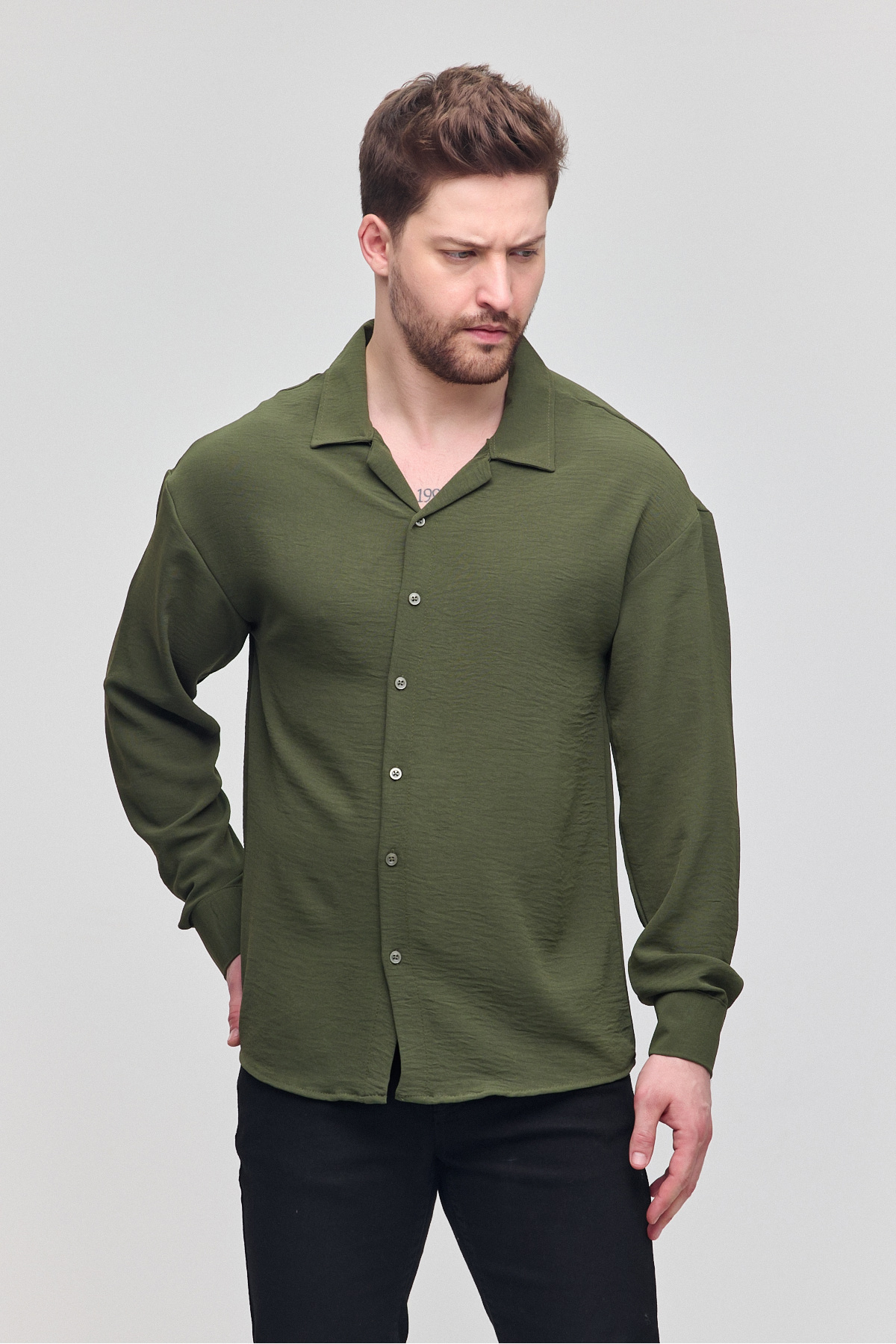 COMBİNE MİCHAİL-Men's Oversize Shirt Collar Long Sleeve Linen Look Summer Shirt 5