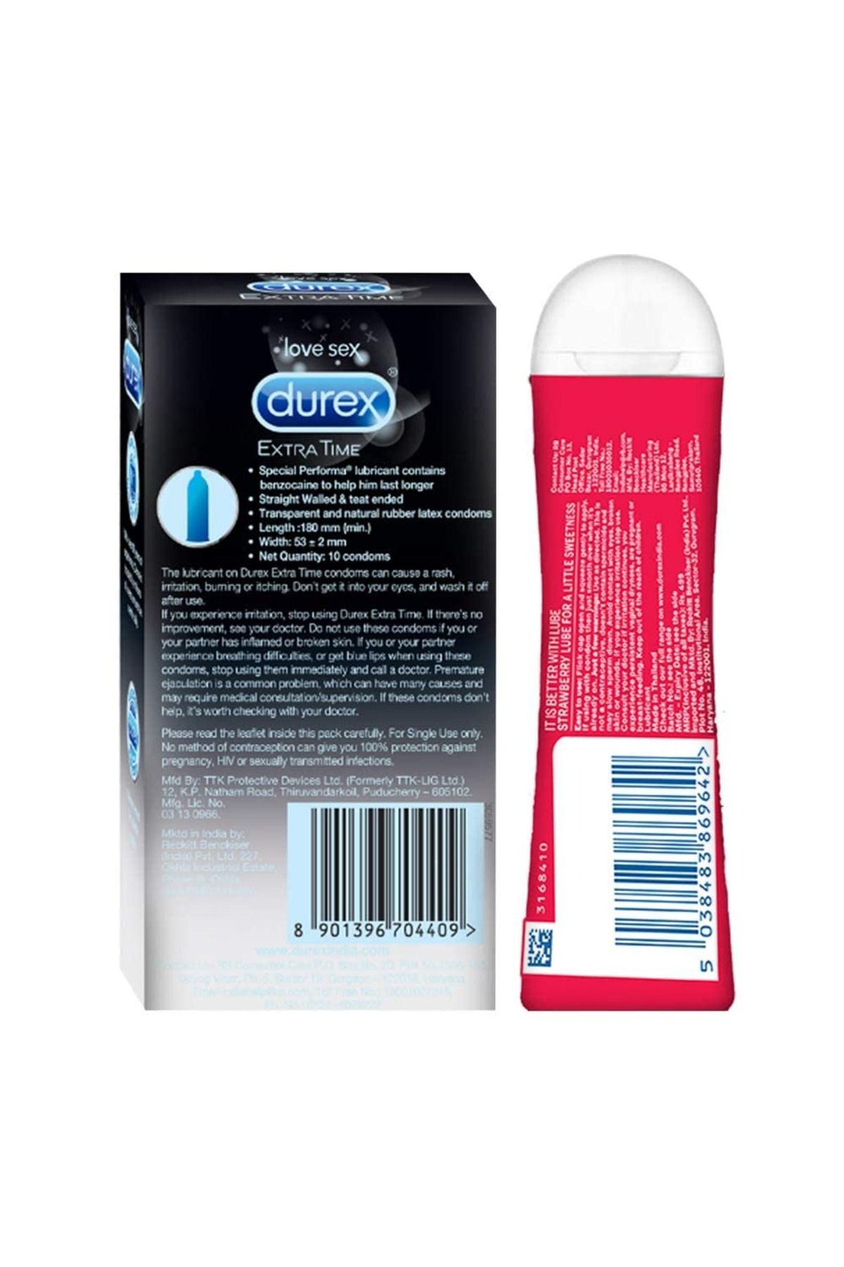 Durex-Extra Time Condoms For Men-10 Count With Durex Lube Strawberry Flavoured Lubricant Gel For Men 7