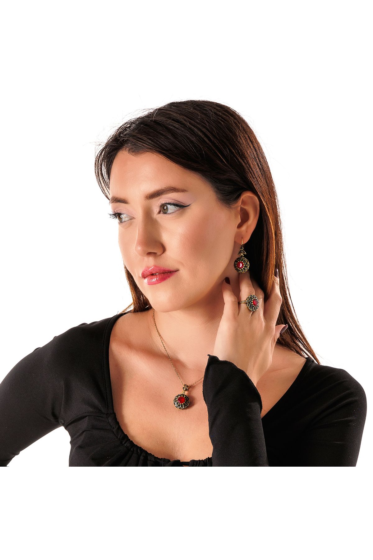 Atelier LEO Handmade Jewellery KRALİYET ÇEHRESİ KIRMIZI TAKIM YÜZÜK NO:5 BAKIR EL YAPIMI KARARMA YAPMAZ KADIN TAKI SETİ